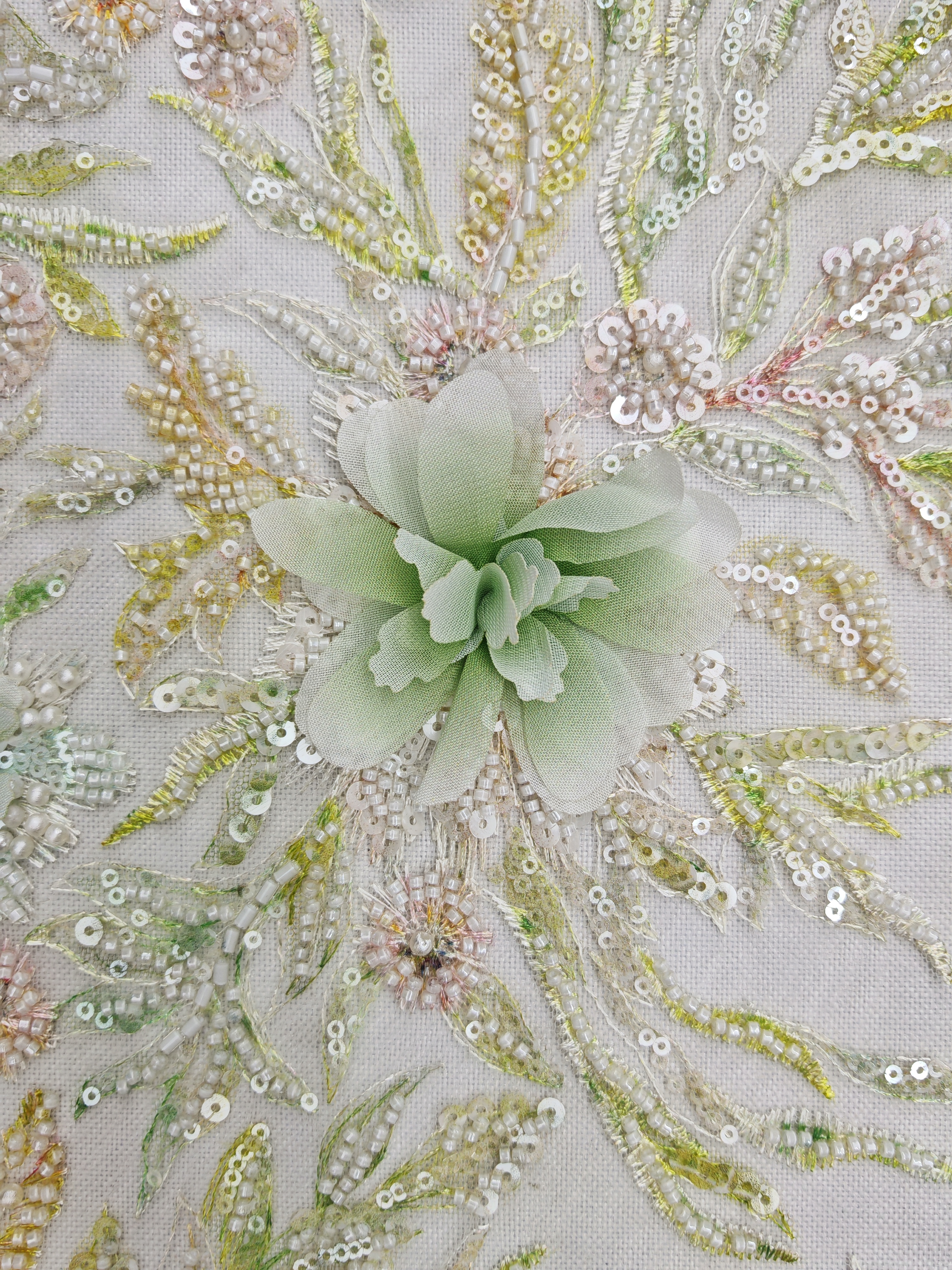 Natural Sequins Embroidery With Light And Green Flowers HKZ10267  sequins embroidery factory