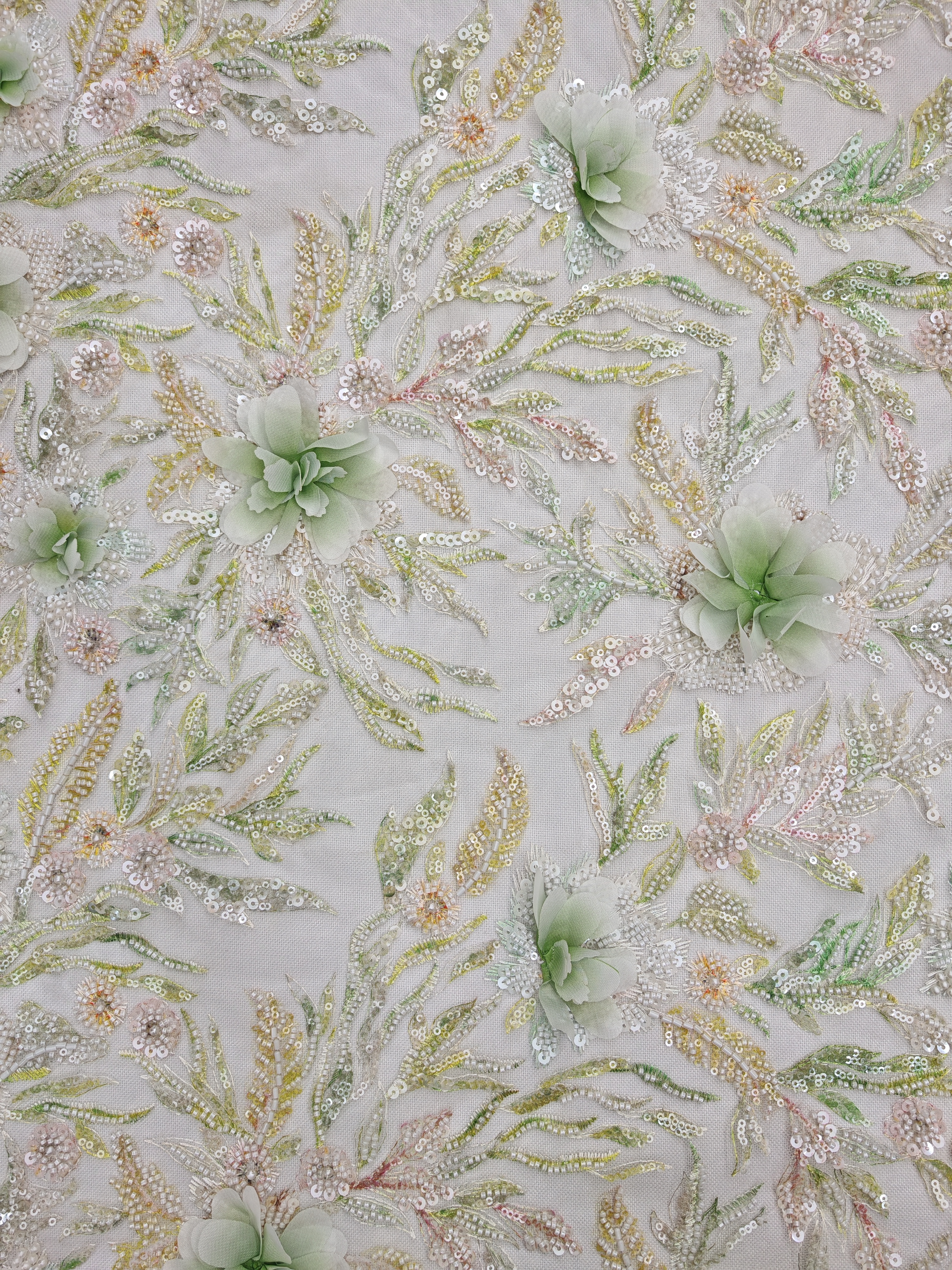 Natural Sequins Embroidery With Light And Green Flowers HKZ10267  sequins embroidery factory