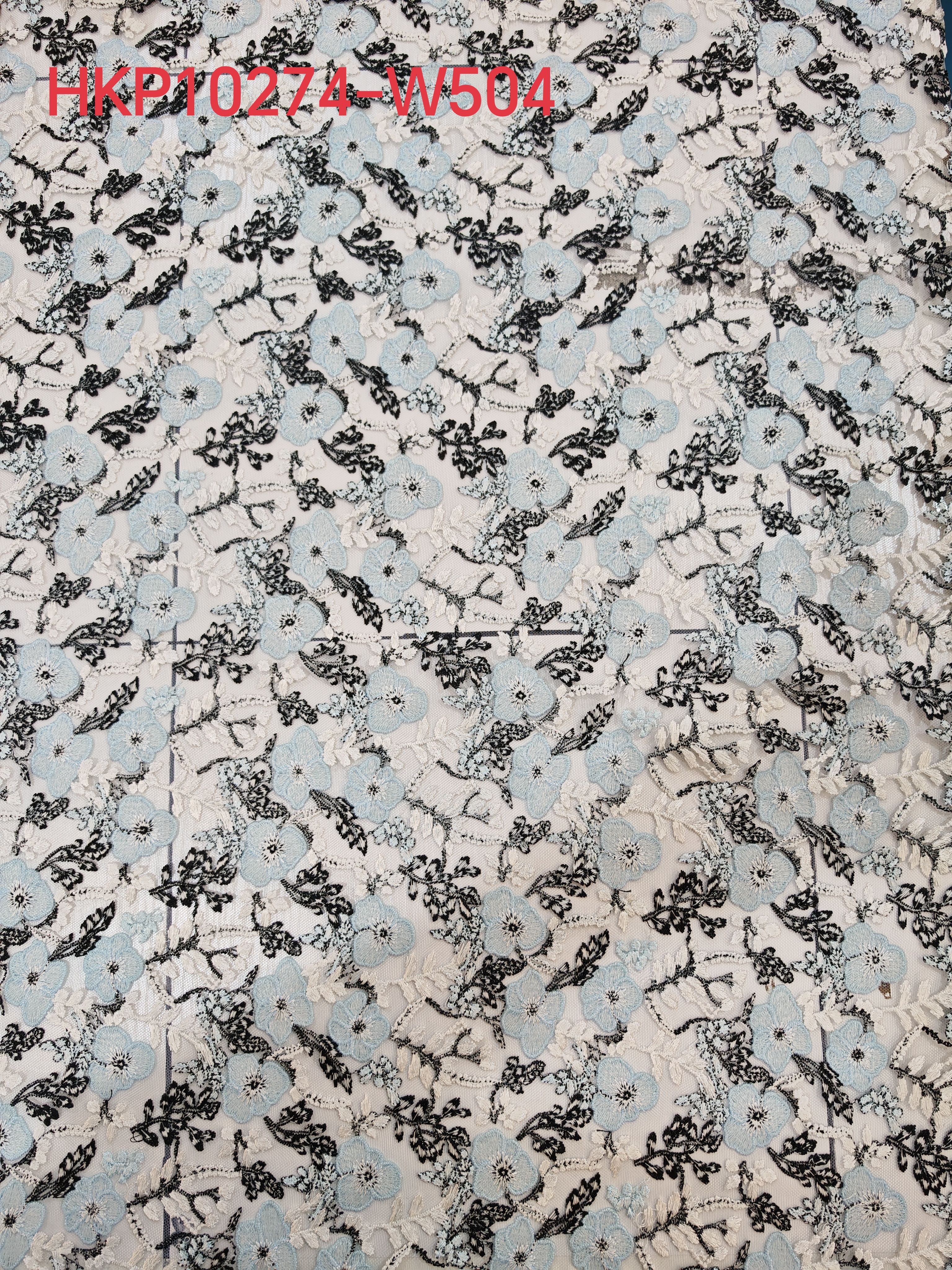 Light Blue And Black Flower Pattern With Plain Embroidery HKP10274  sequins embroidery factory