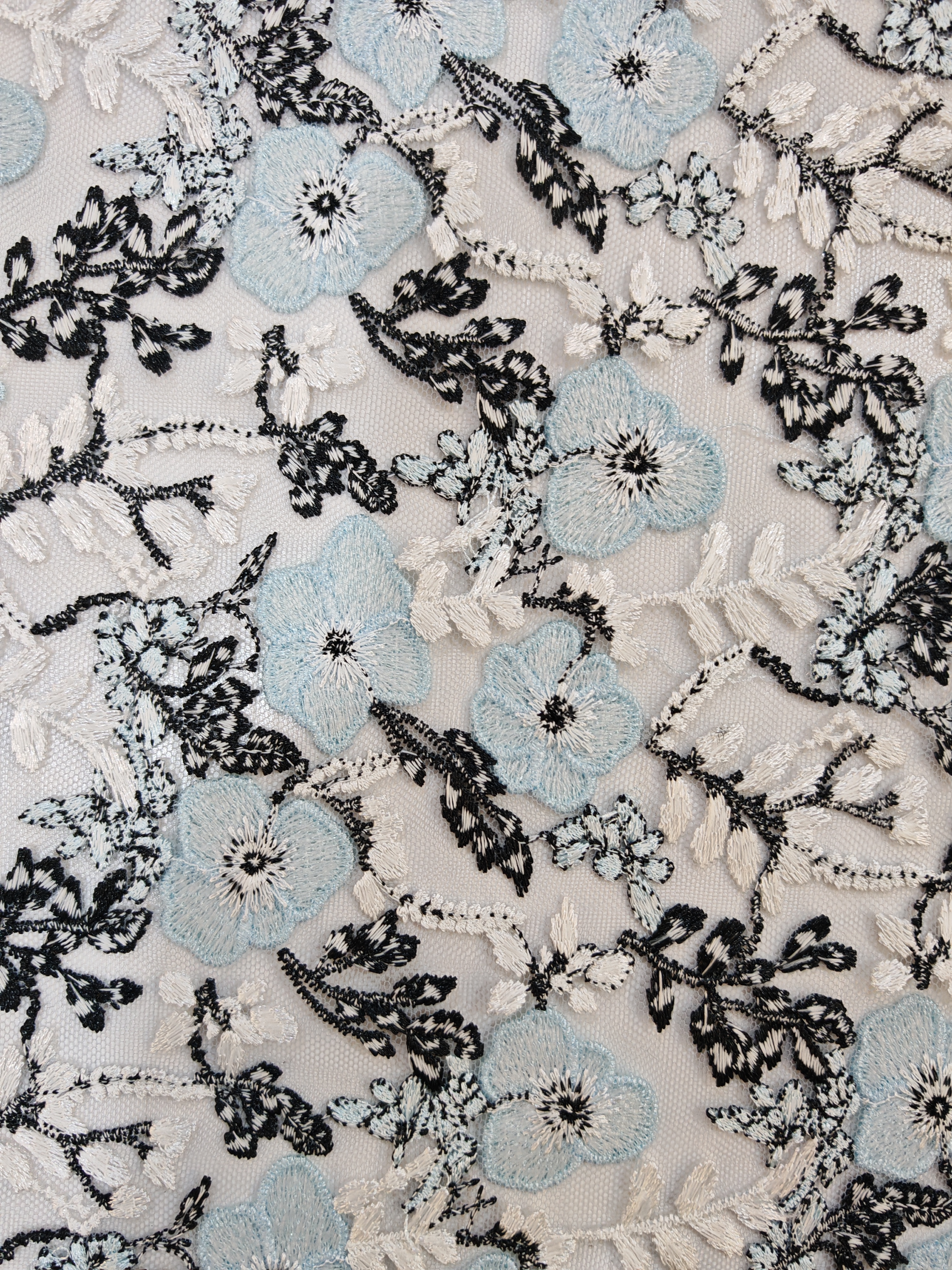 Light Blue And Black Flower Pattern With Plain Embroidery HKP10274  sequins embroidery factory