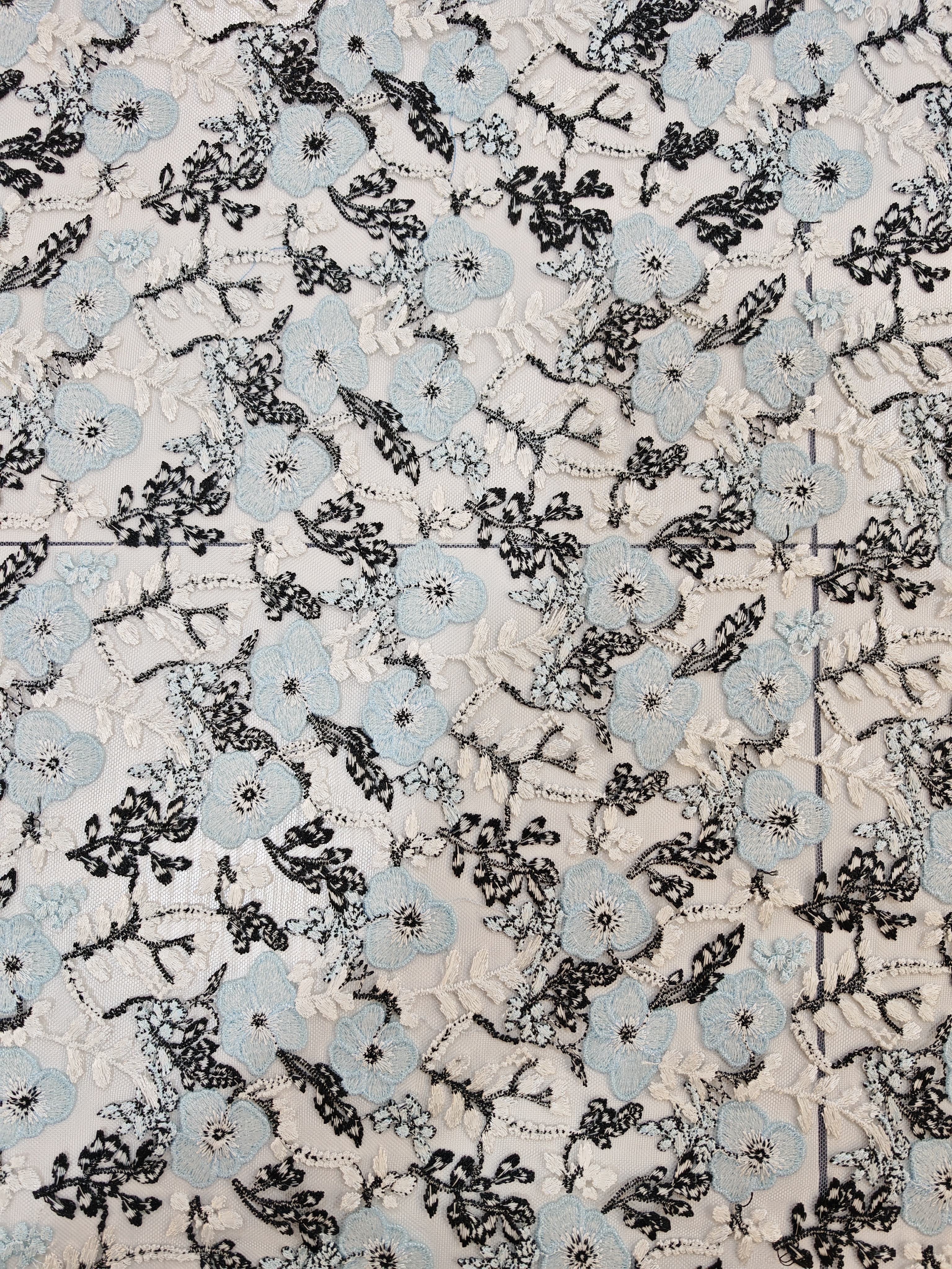 Light Blue And Black Flower Pattern With Plain Embroidery HKP10274  sequins embroidery factory