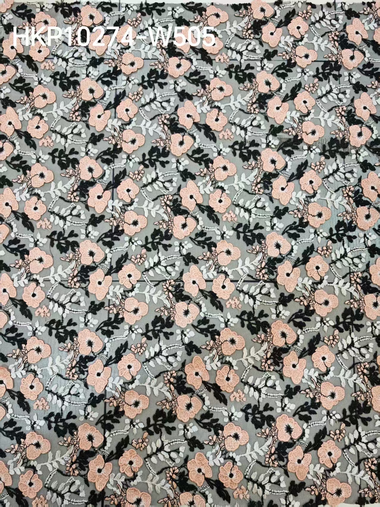 Flesh Pink And Black Flower Pattern With Plain Embroidery HKP10274  sequins embroidery factory