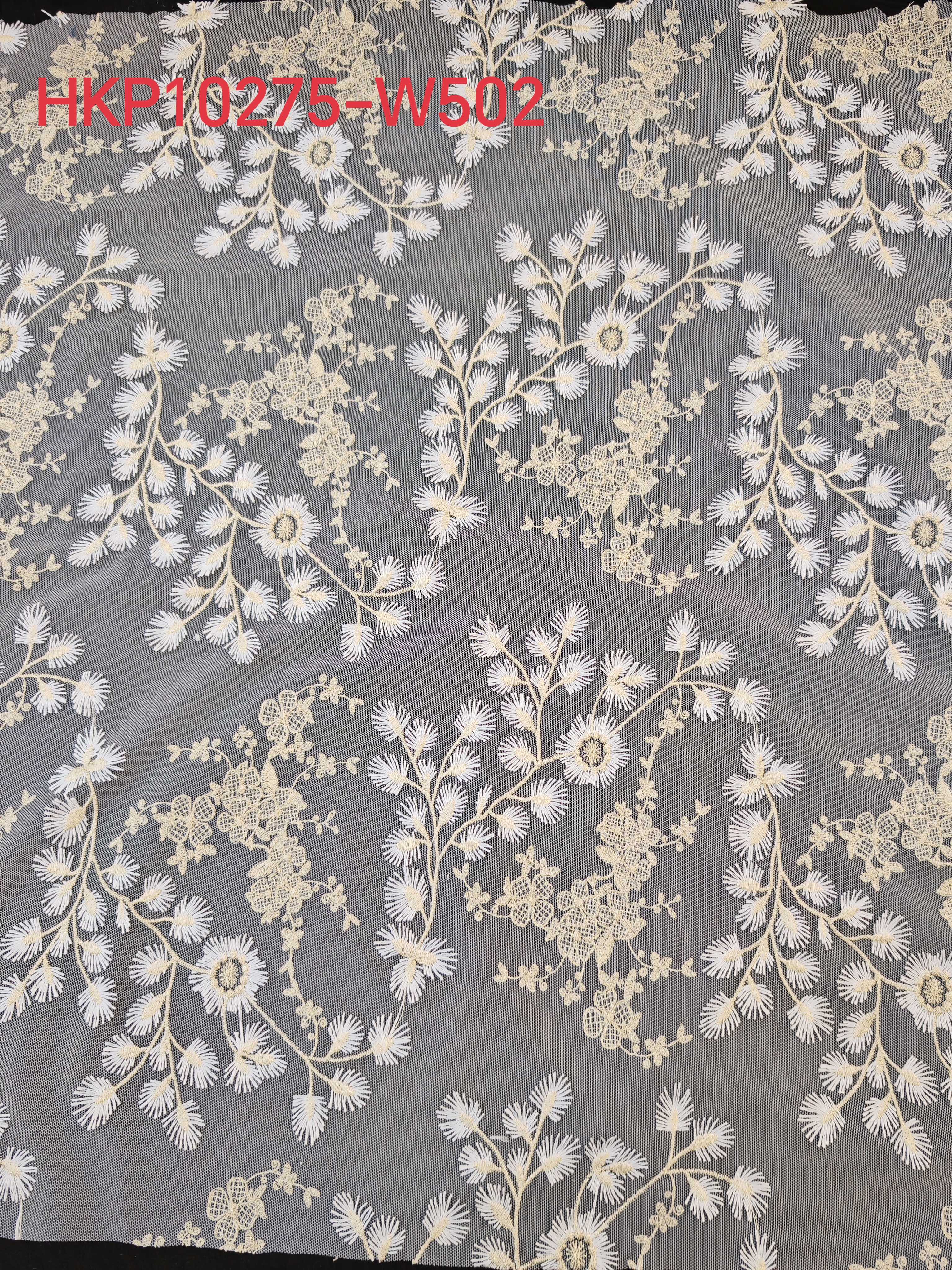 Elegant White And Beige Flower Pattern With Plain Embroidery HKP10275  sequins embroidery factory