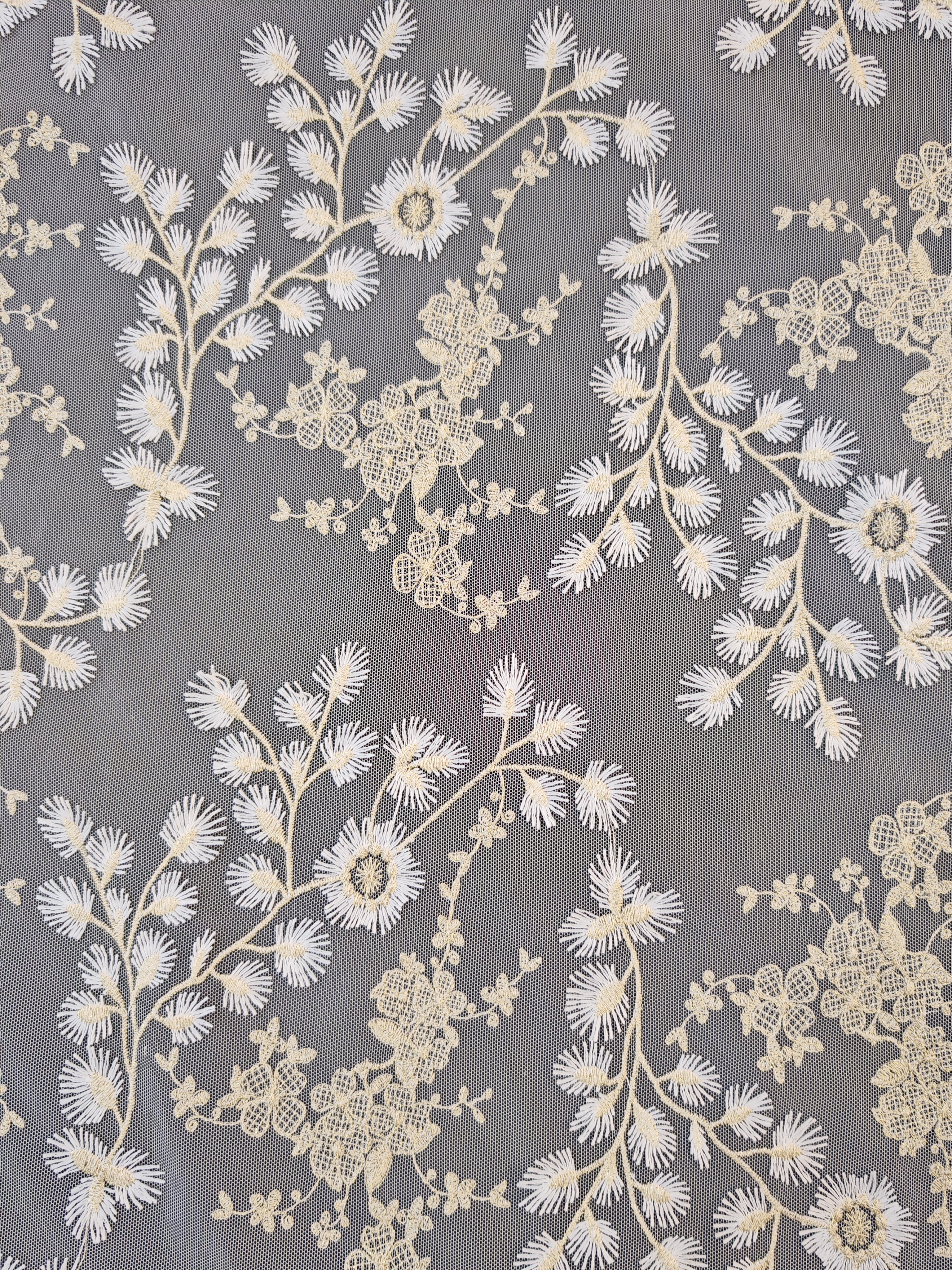 Elegant White And Beige Flower Pattern With Plain Embroidery HKP10275  sequins embroidery factory