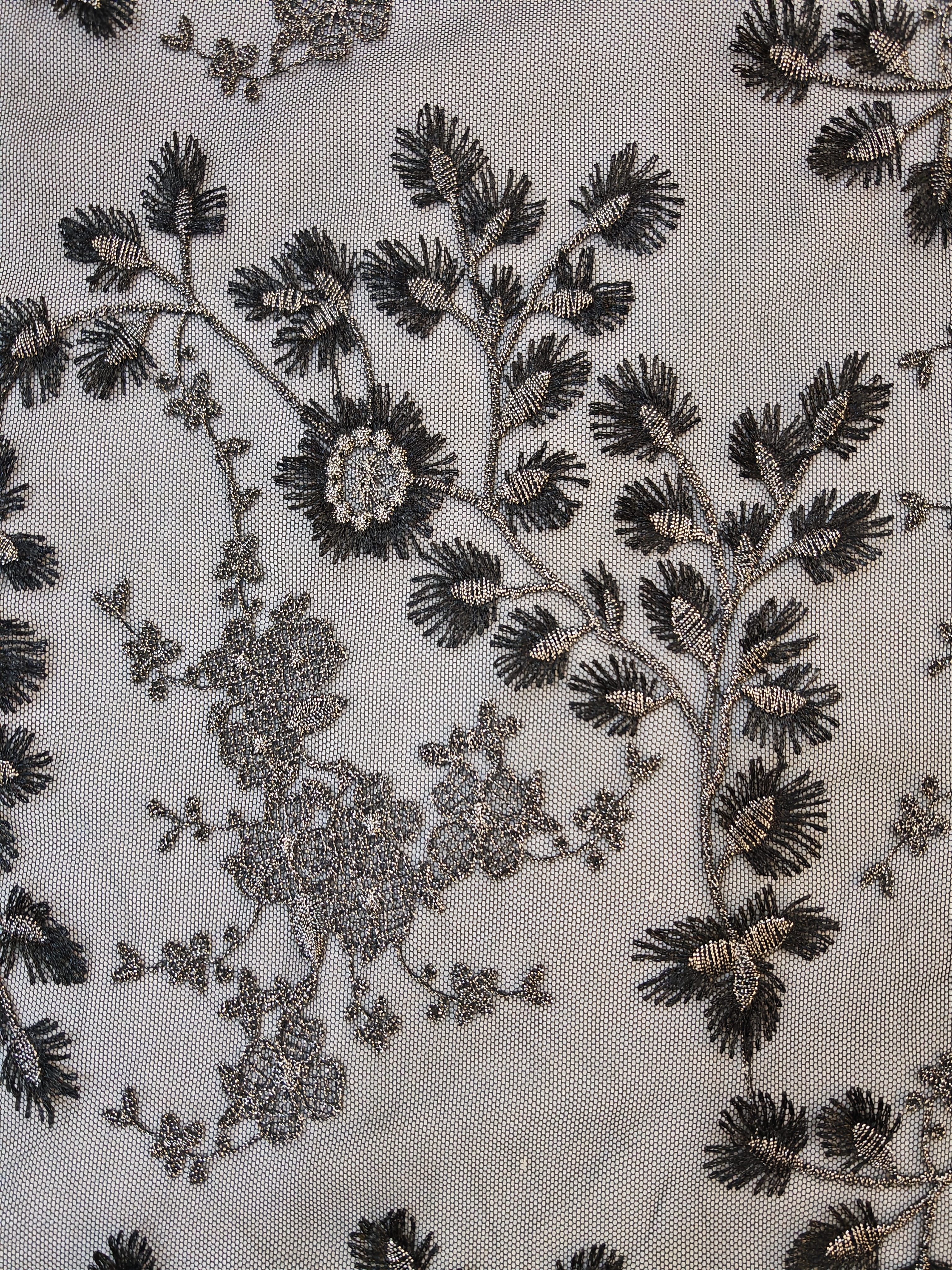 Beautiful Black And Gray Flower Pattern With Plain Embroidery HKP10275  sequins embroidery factory