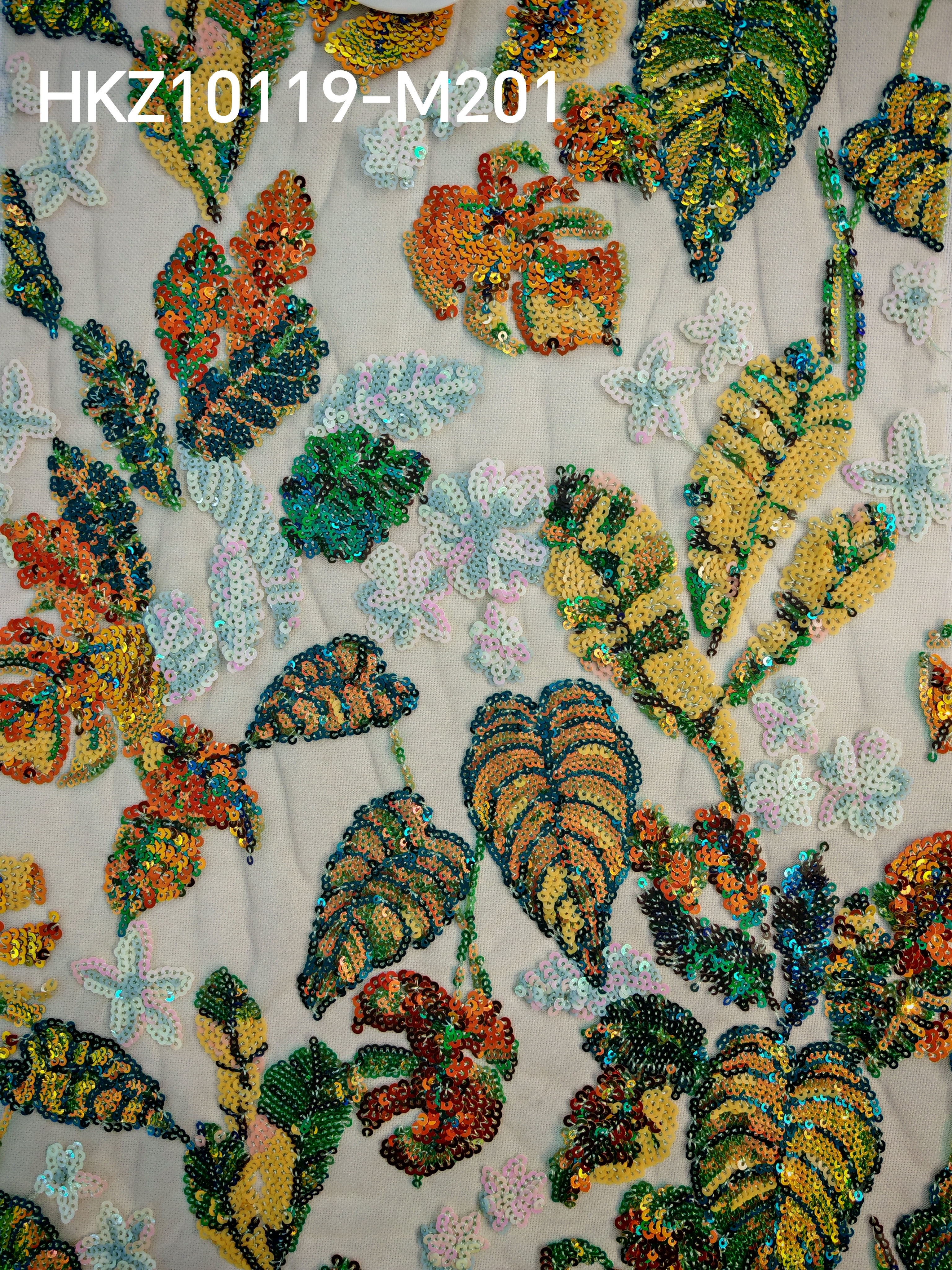 Sequins Embroidery with branches and leaves HKZ10119  sequins embroidery factory