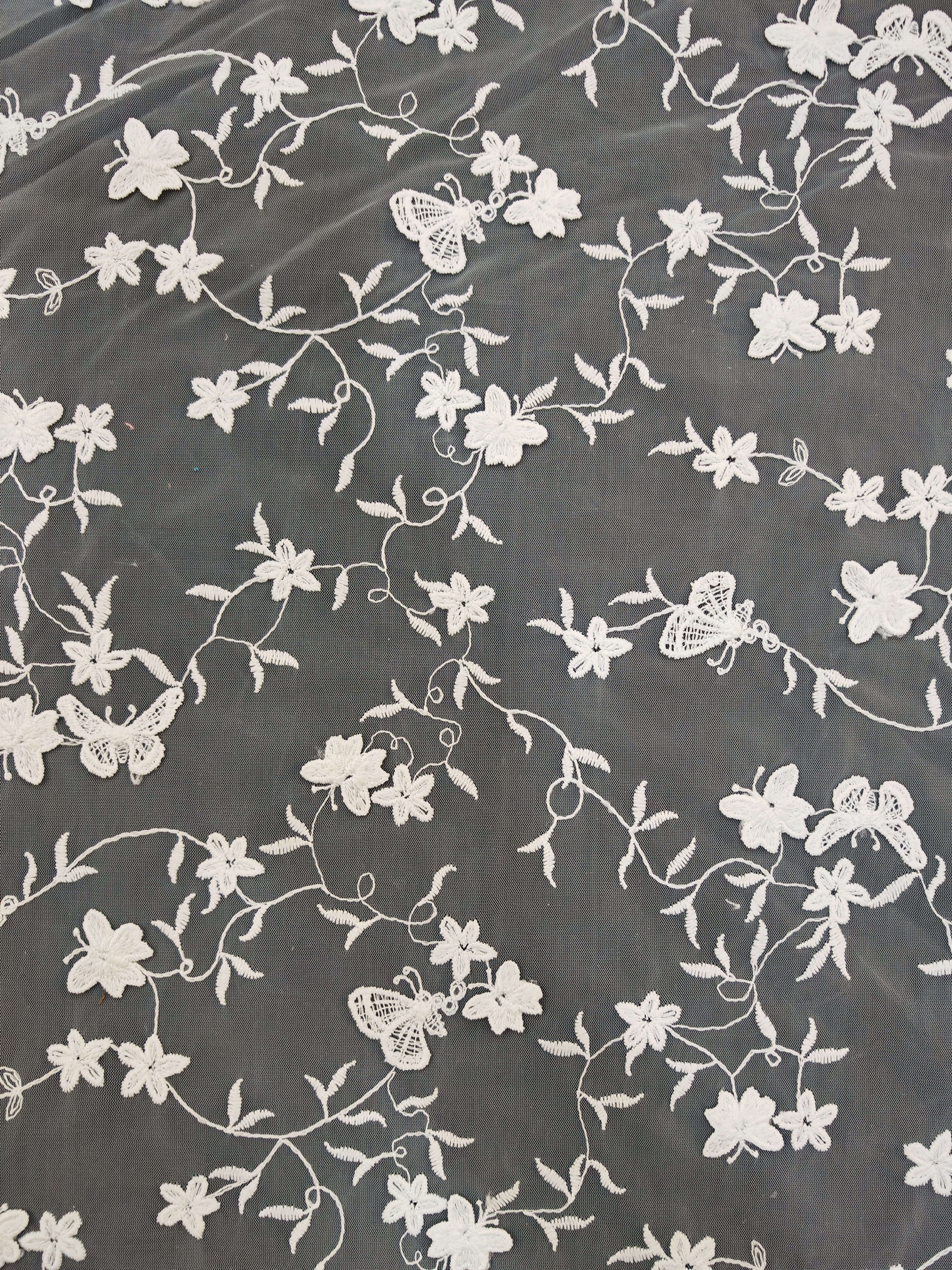 Vivid White Butterfly Pattern With Plain Embroidery HKP10278  sequins embroidery factory
