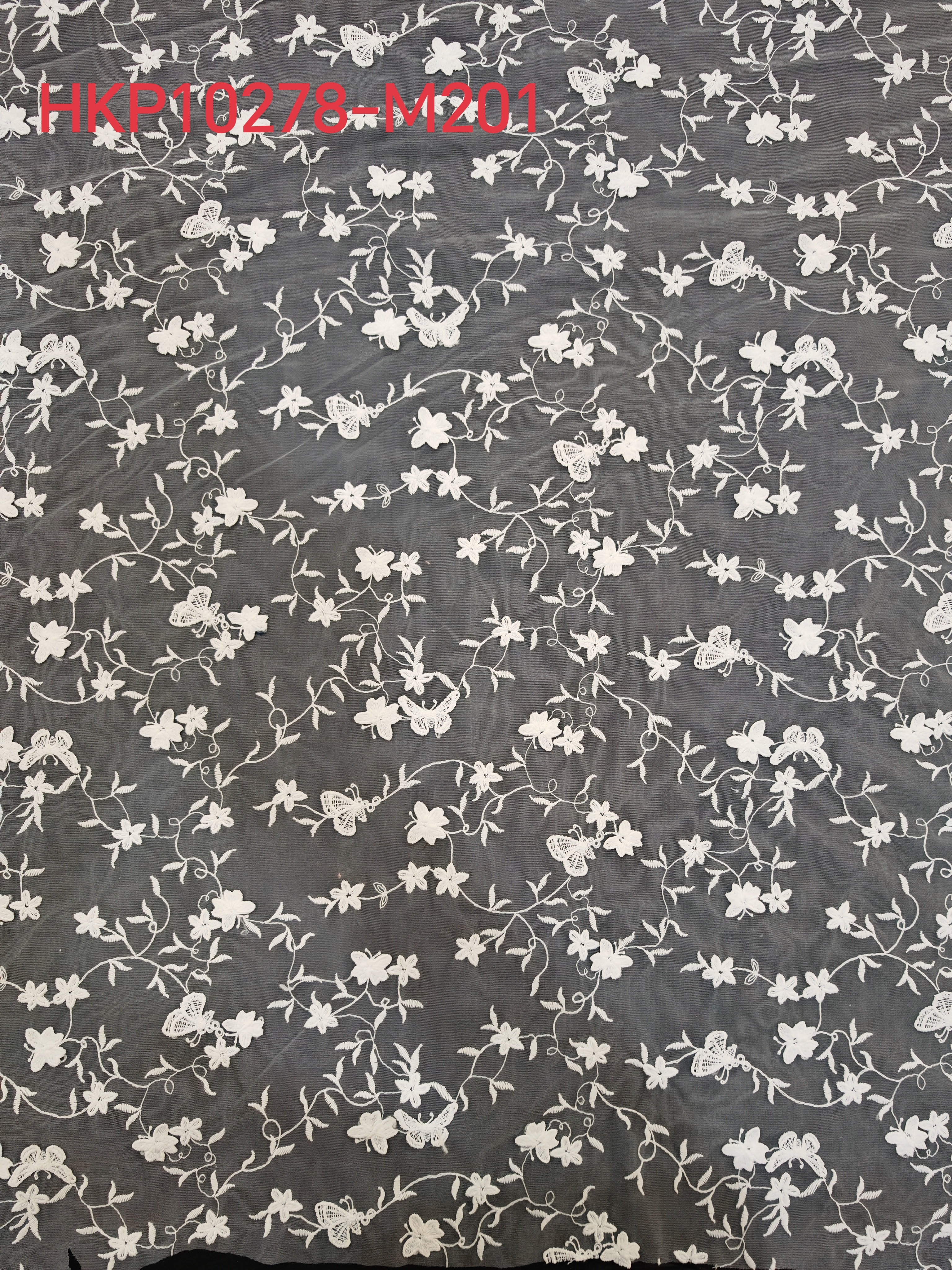 Vivid White Butterfly Pattern With Plain Embroidery HKP10278  sequins embroidery factory