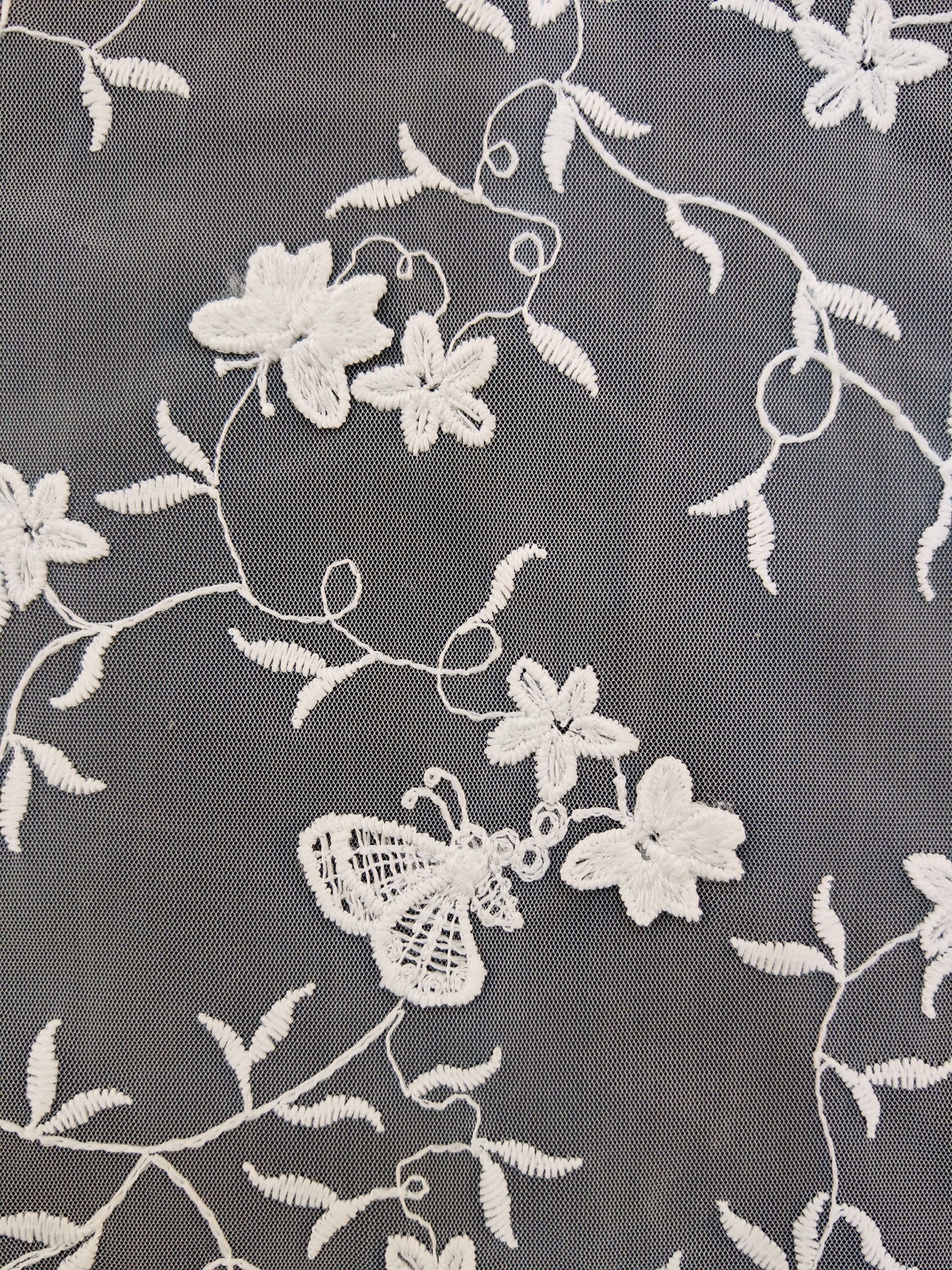 Vivid White Butterfly Pattern With Plain Embroidery HKP10278  sequins embroidery factory
