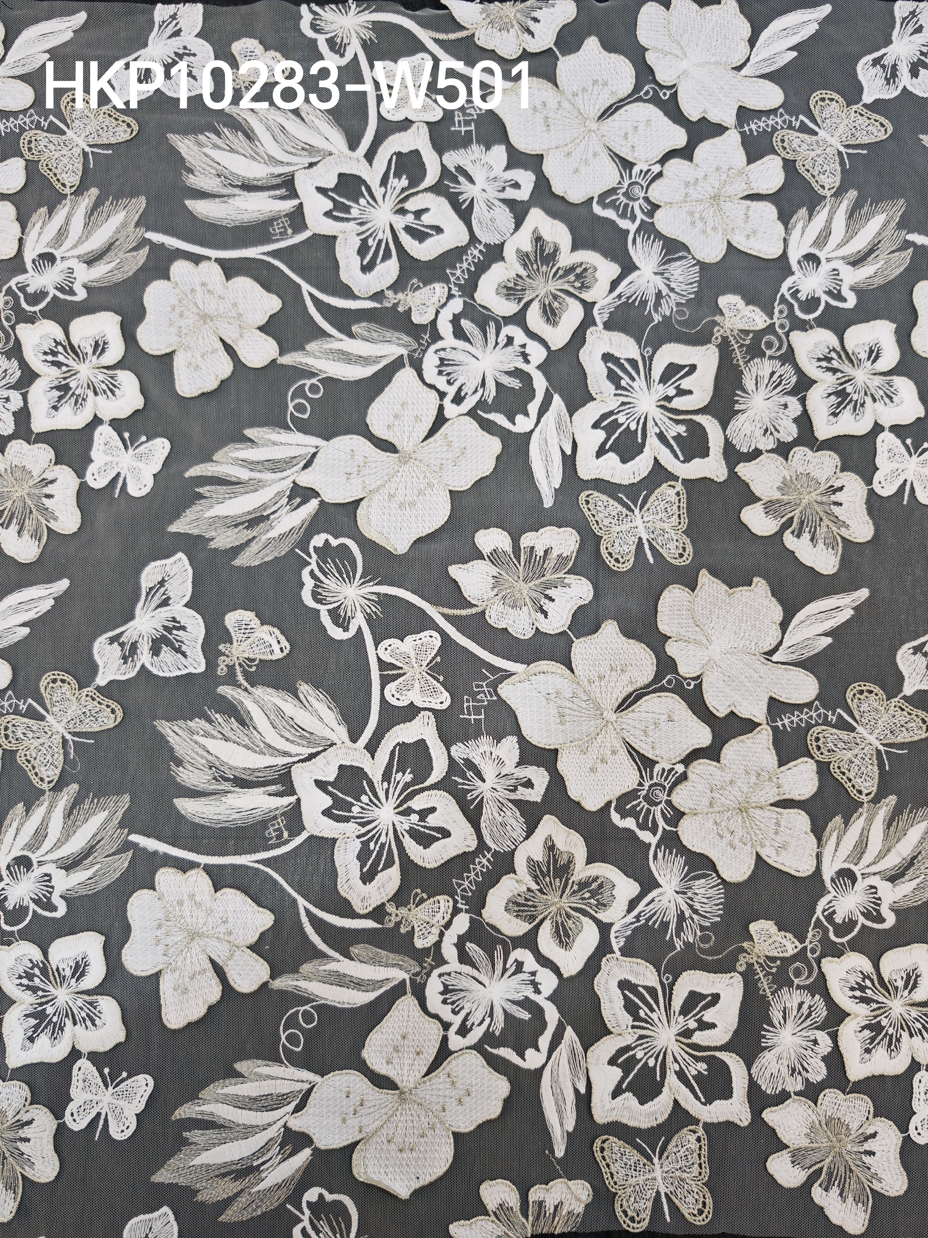 Vivid White Flower And Butterfly Patterns With Plain Embroidery HKP10283  sequins embroidery factory