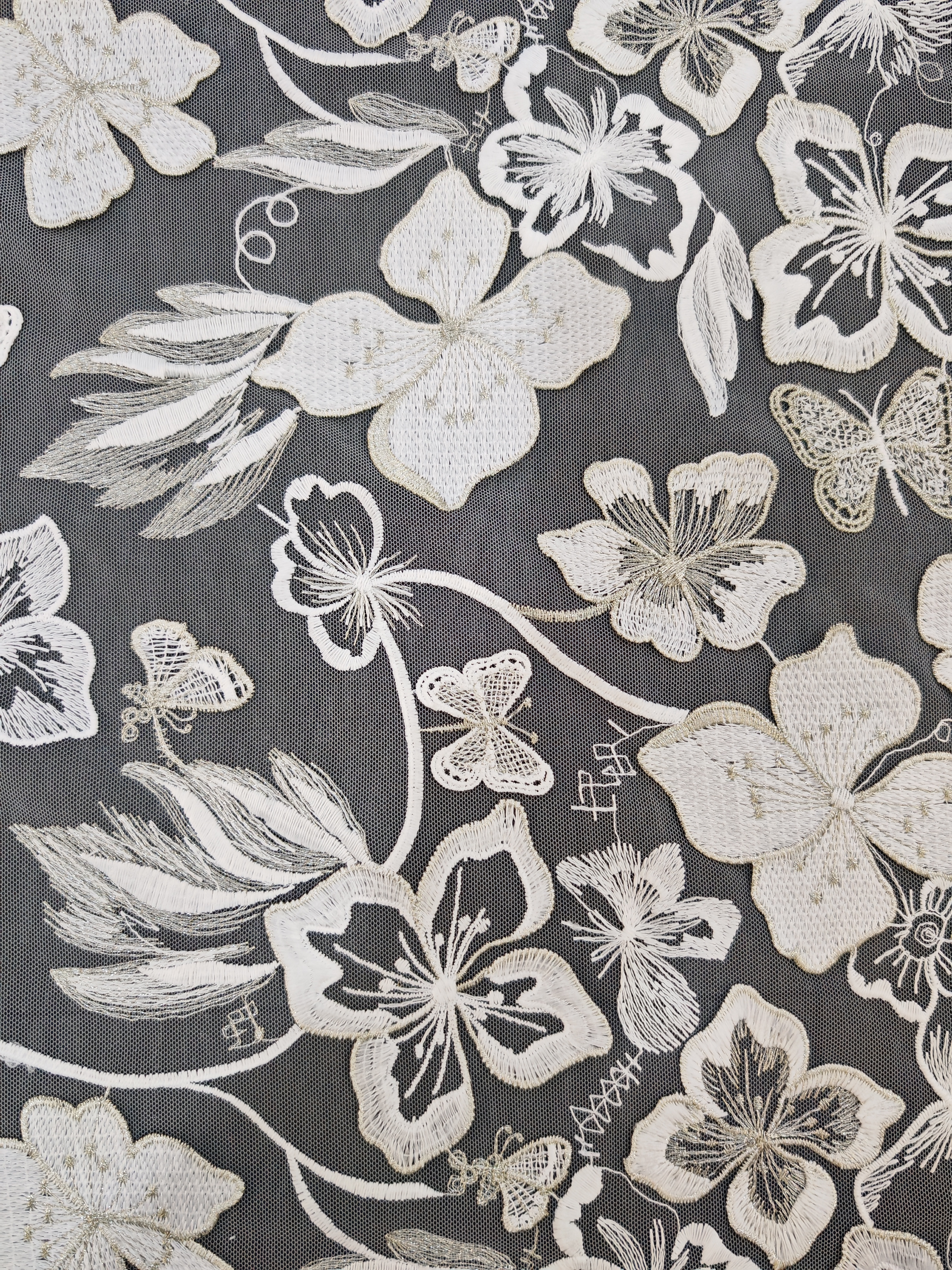 Vivid White Flower And Butterfly Patterns With Plain Embroidery HKP10283  sequins embroidery factory
