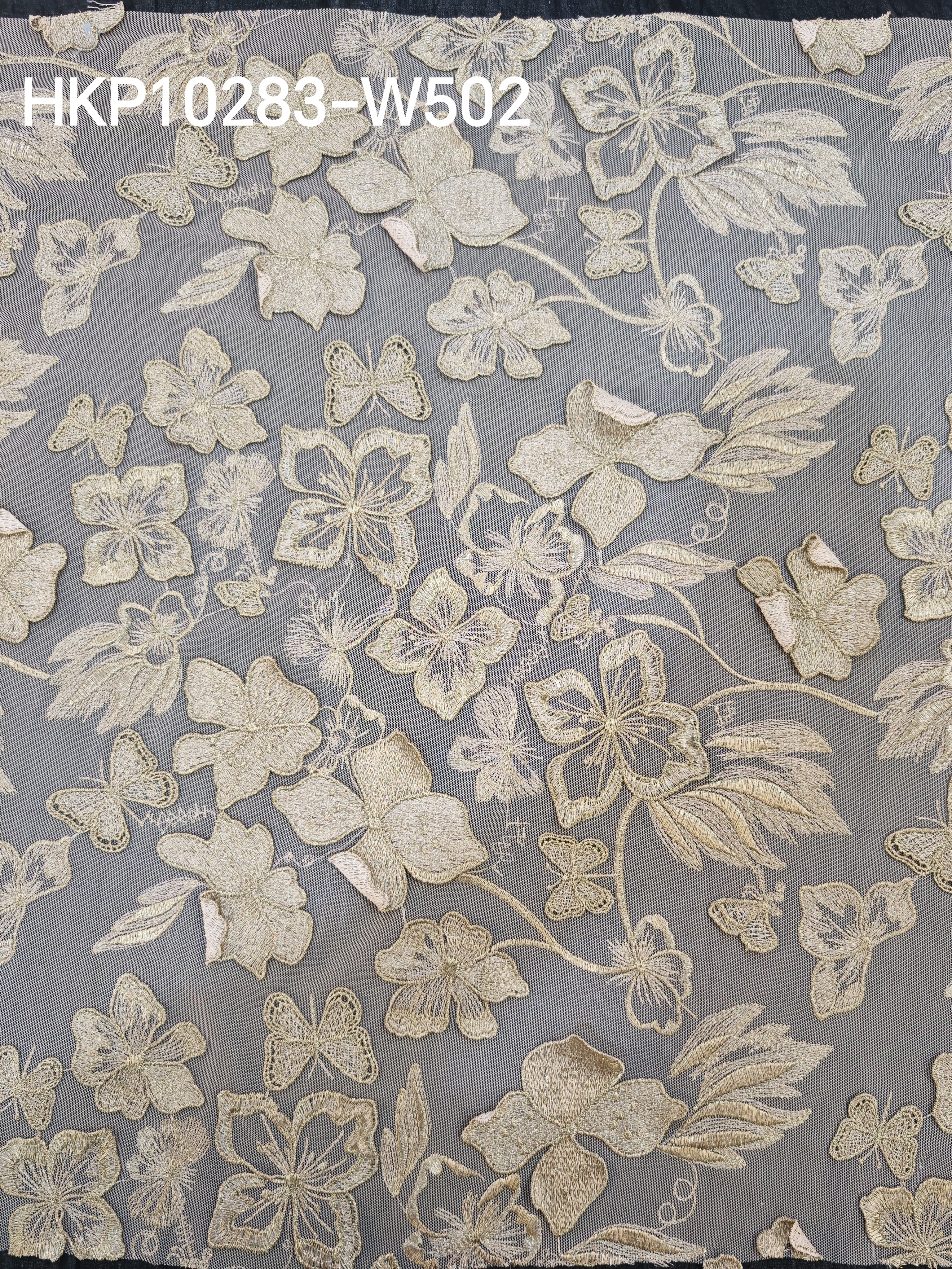 Vivid Beige Flower And Butterfly Patterns With Plain Embroidery HKP10283  sequins embroidery factory