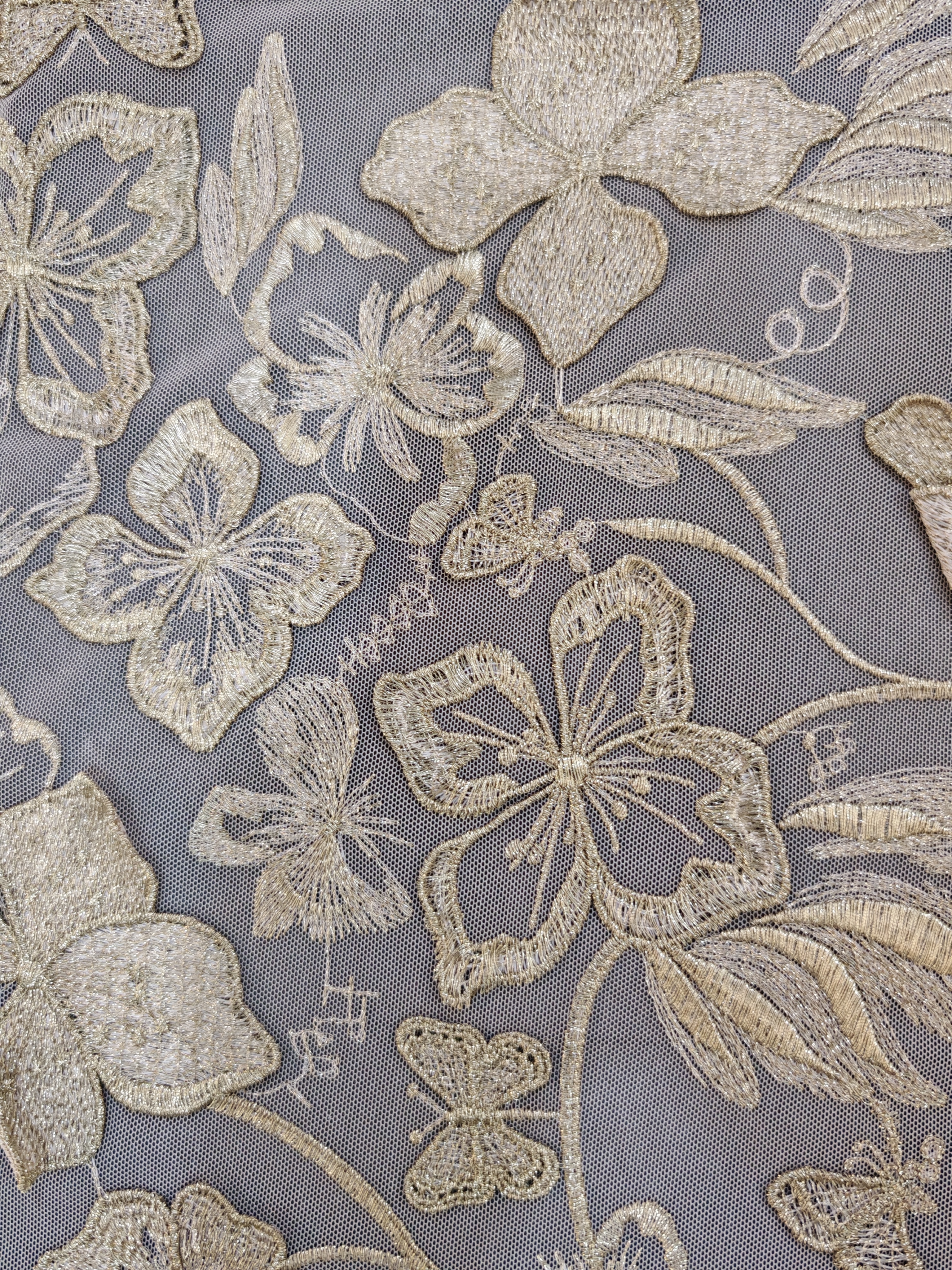 Vivid Beige Flower And Butterfly Patterns With Plain Embroidery HKP10283  sequins embroidery factory