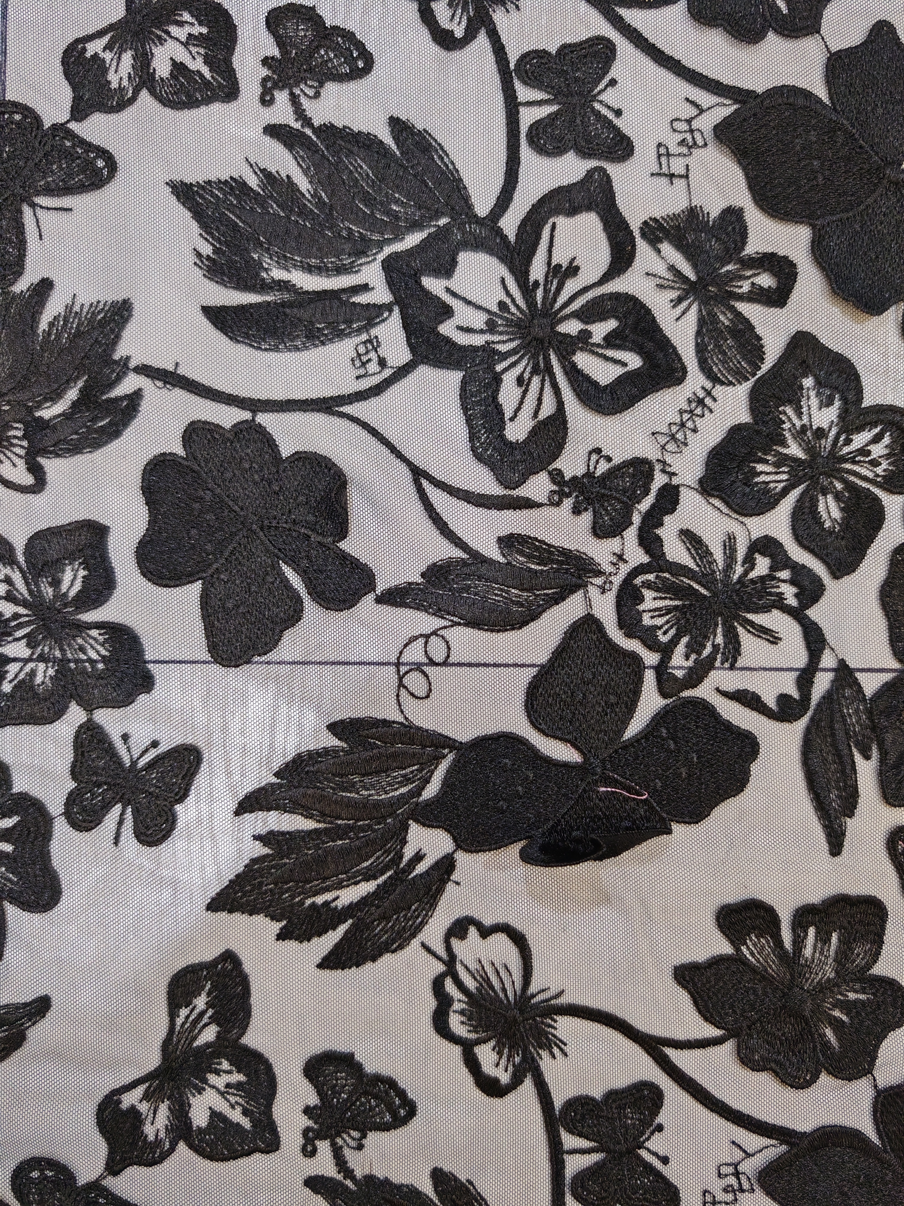 Vivid Black Flower And Butterfly Patterns With Plain Embroidery HKP10283  sequins embroidery factory