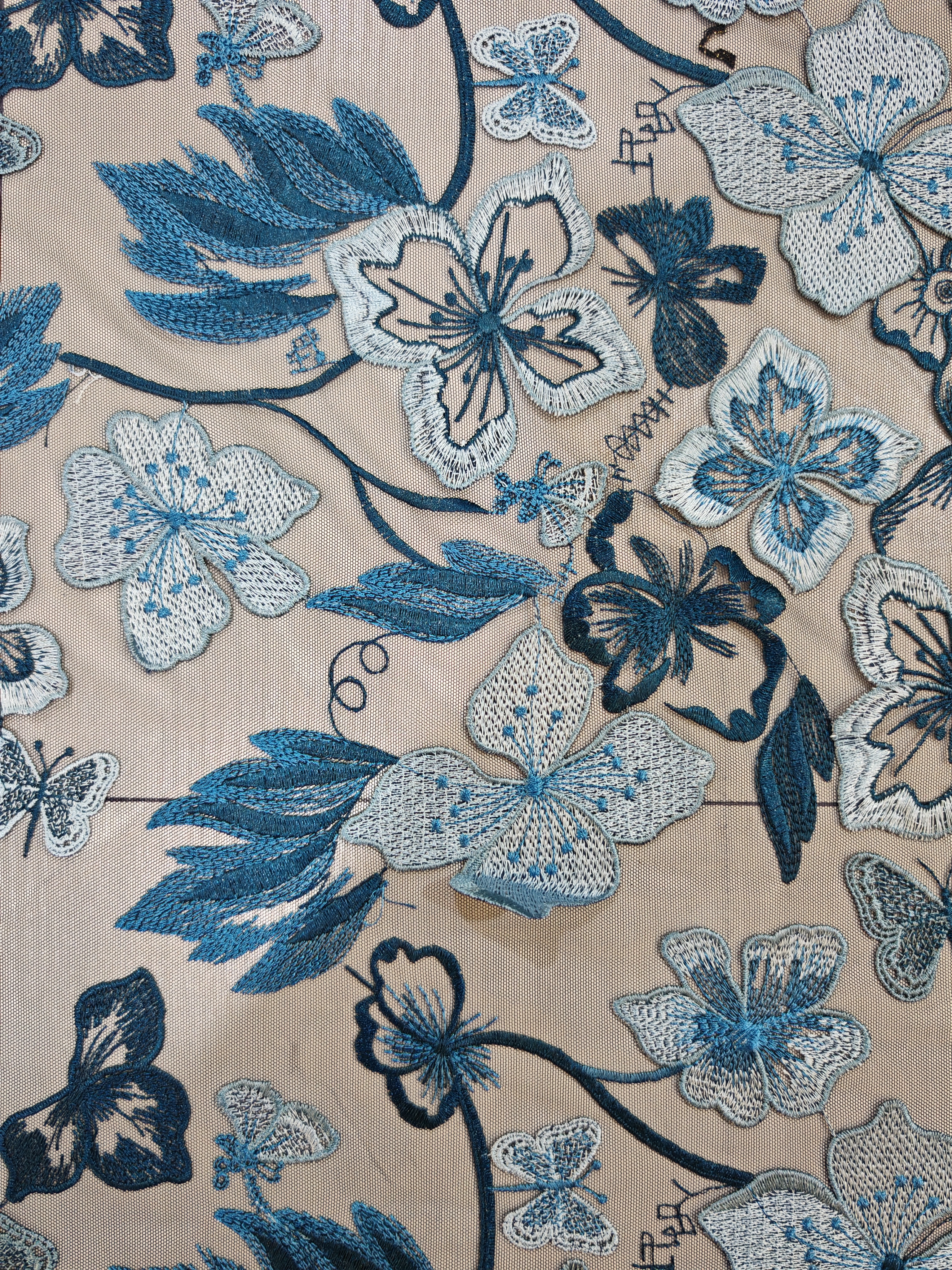 Vivid Blue Flower And Butterfly Patterns With Plain Embroidery HKP10283  sequins embroidery factory