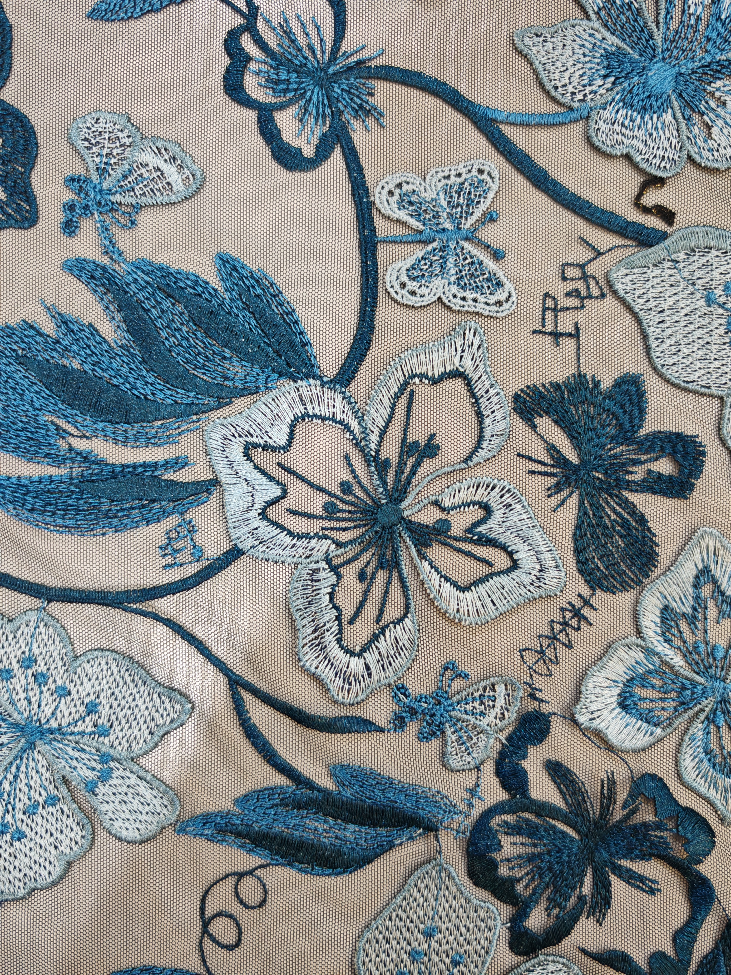 Vivid Blue Flower And Butterfly Patterns With Plain Embroidery HKP10283  sequins embroidery factory