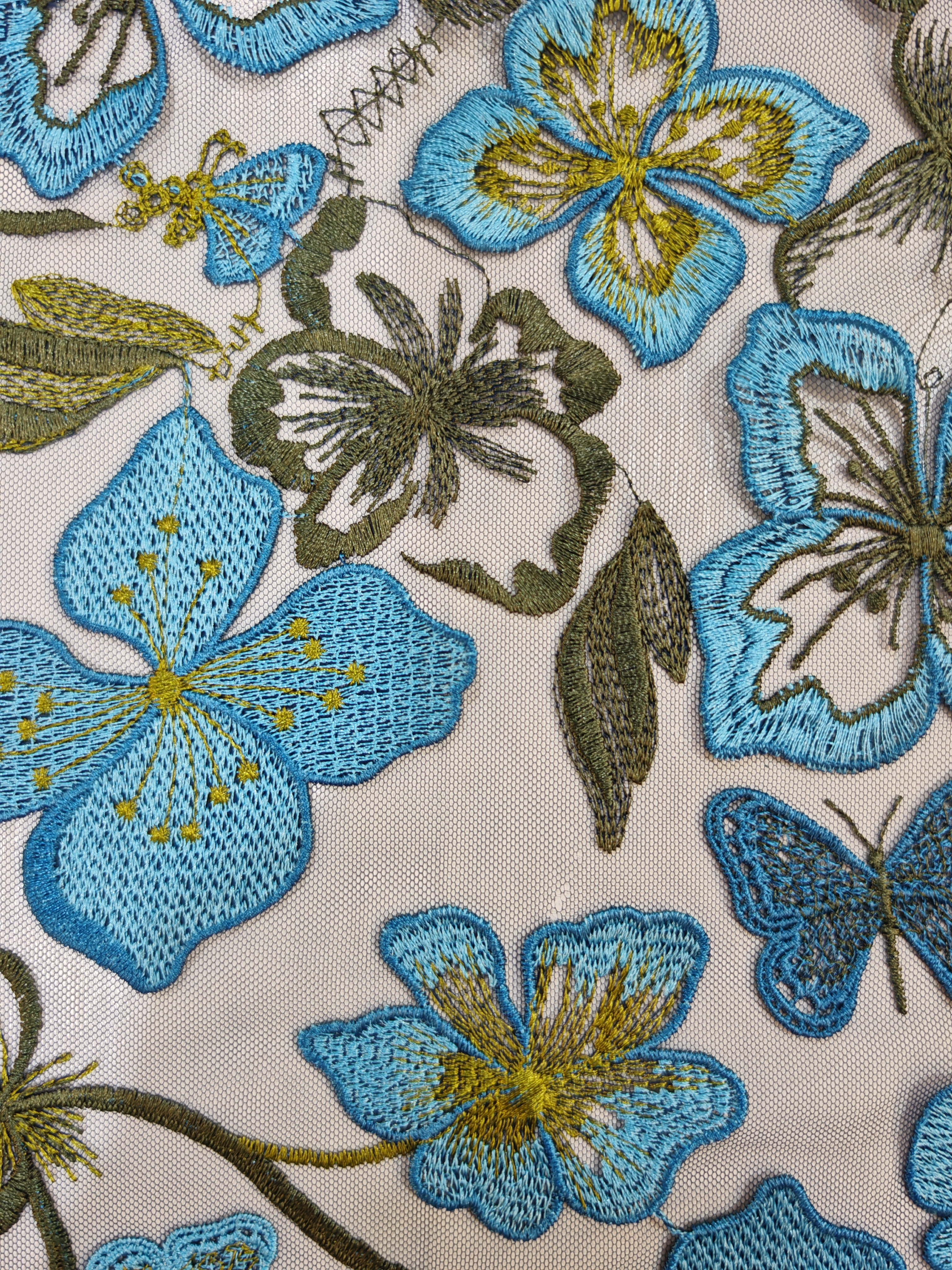 Vivid Blue and Green Flower And Butterfly Patterns With Plain Embroidery HKP10283  sequins embroidery factory