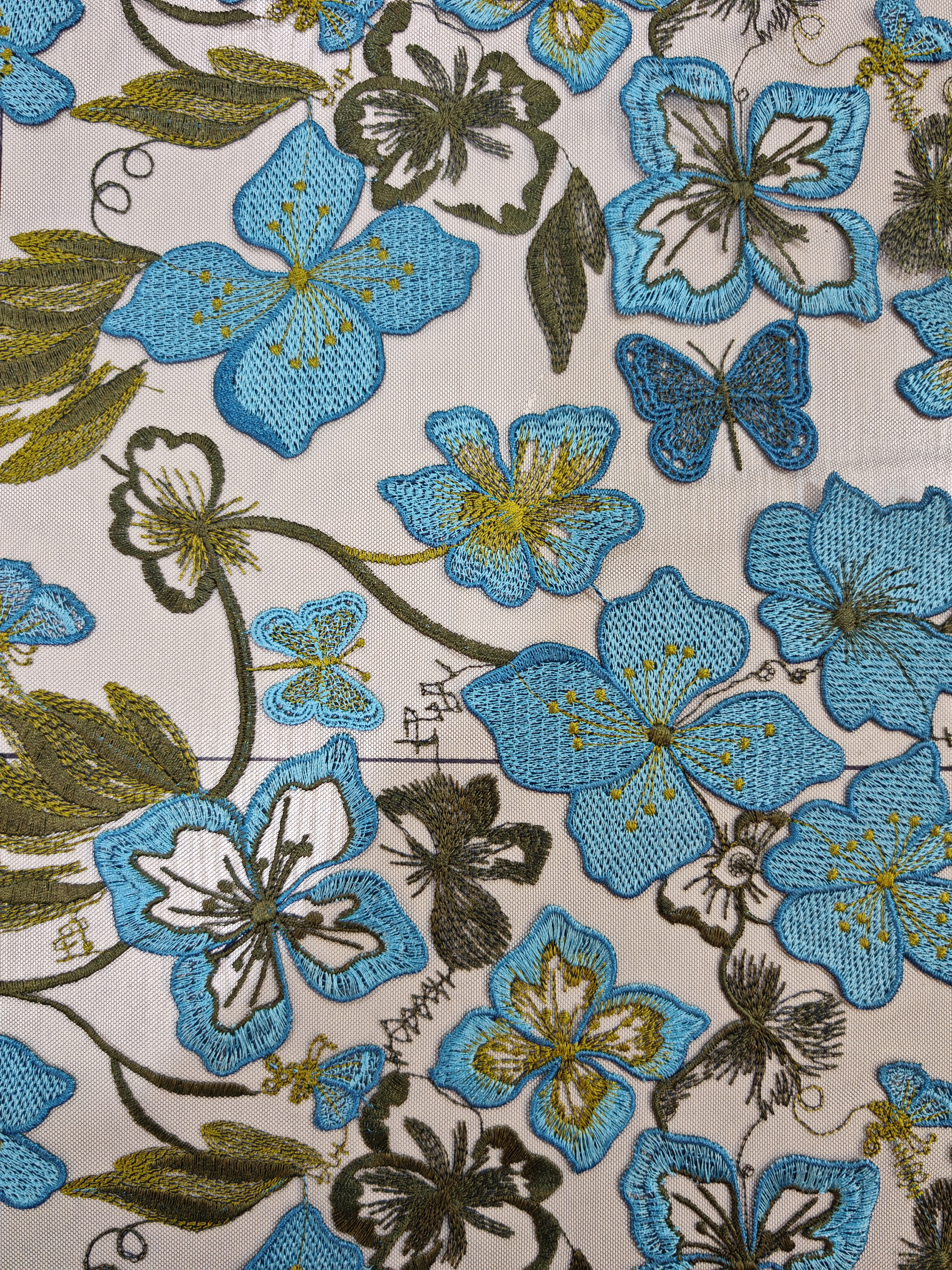 Vivid Blue and Green Flower And Butterfly Patterns With Plain Embroidery HKP10283  sequins embroidery factory