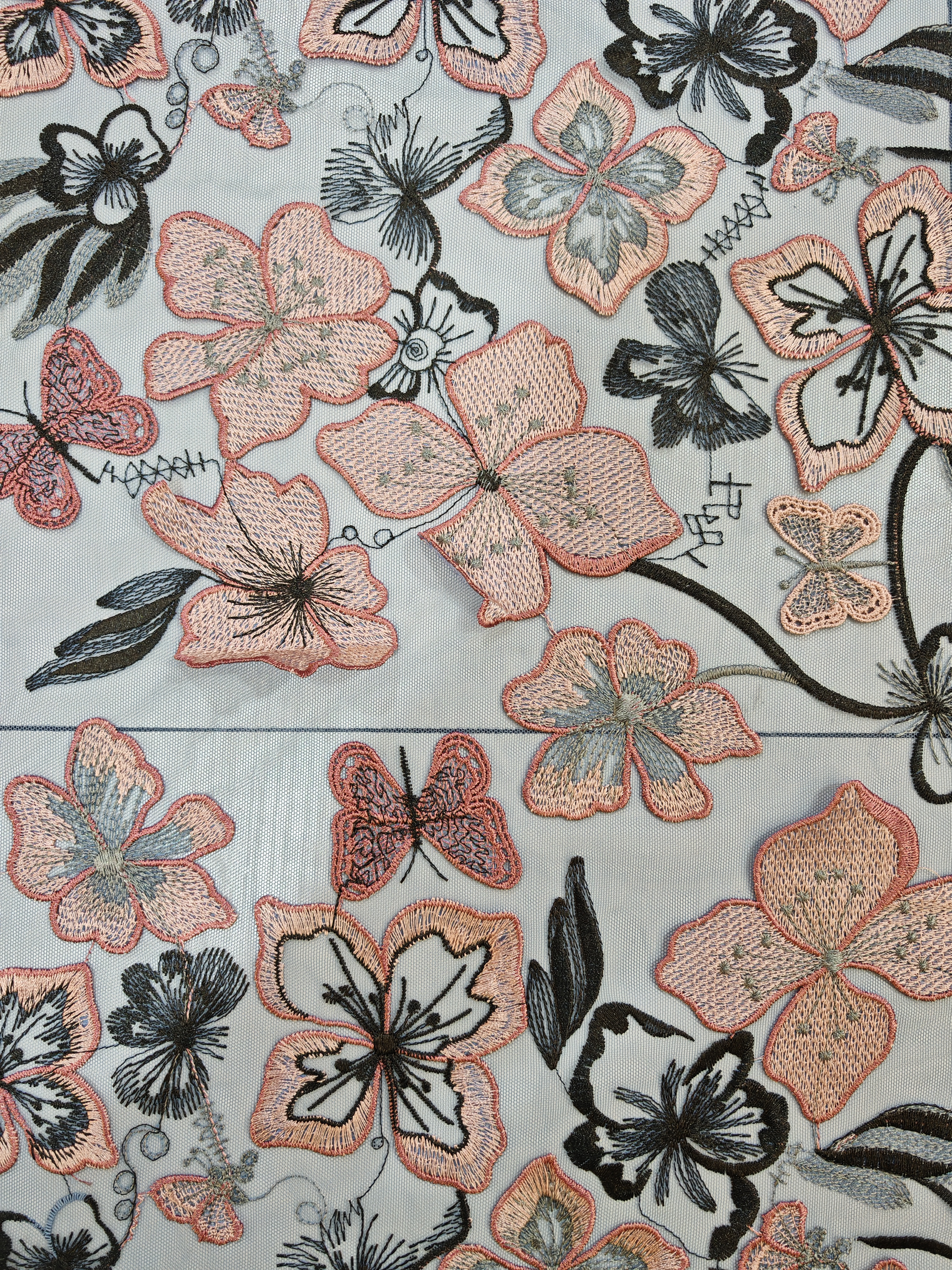 Vivid Pink Flower And Butterfly Patterns With Plain Embroidery HKP10283  sequins embroidery factory