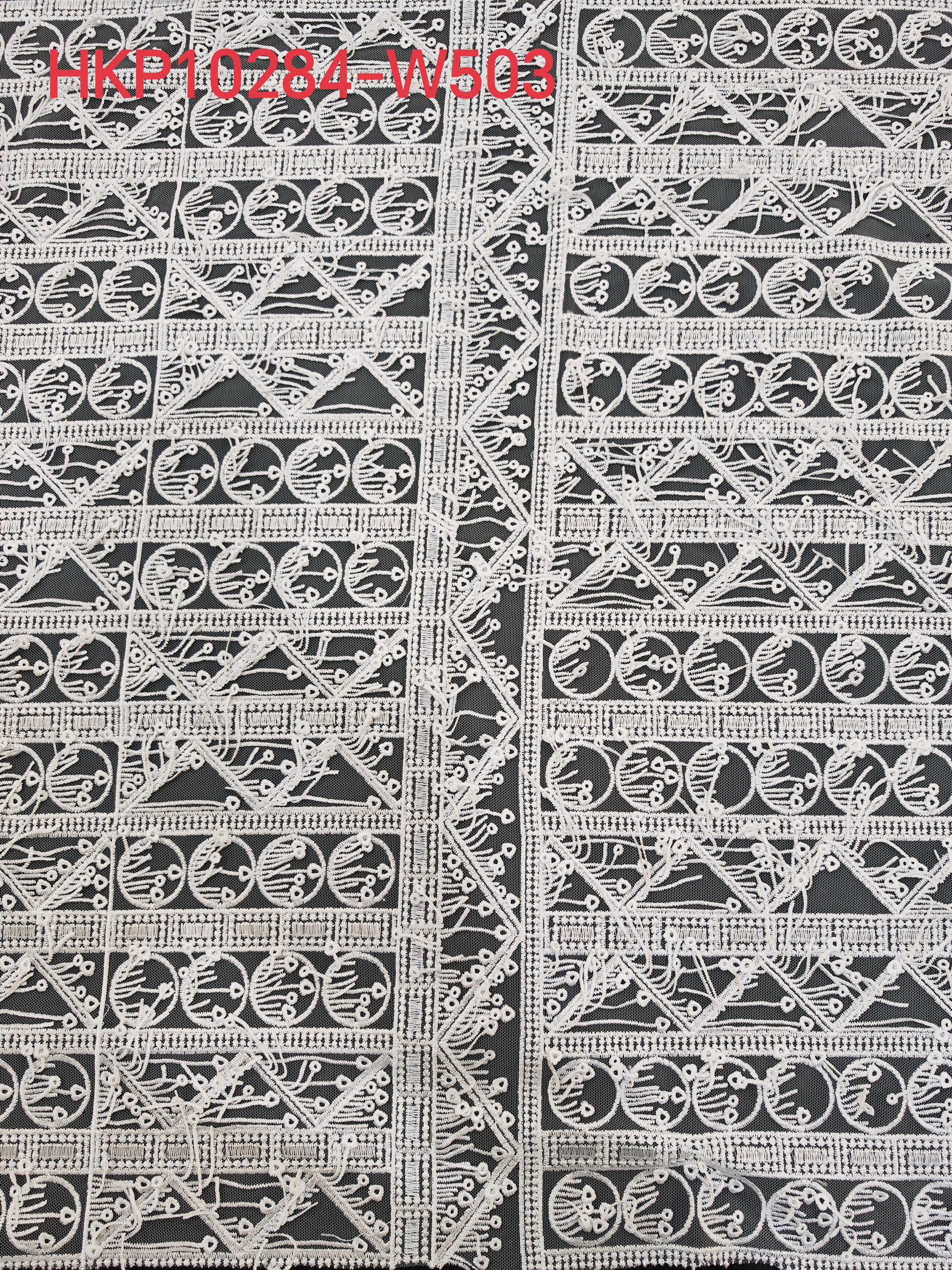 Elegant White Geometric Pattern With Tassel Embroidery HKP10284  sequins embroidery factory