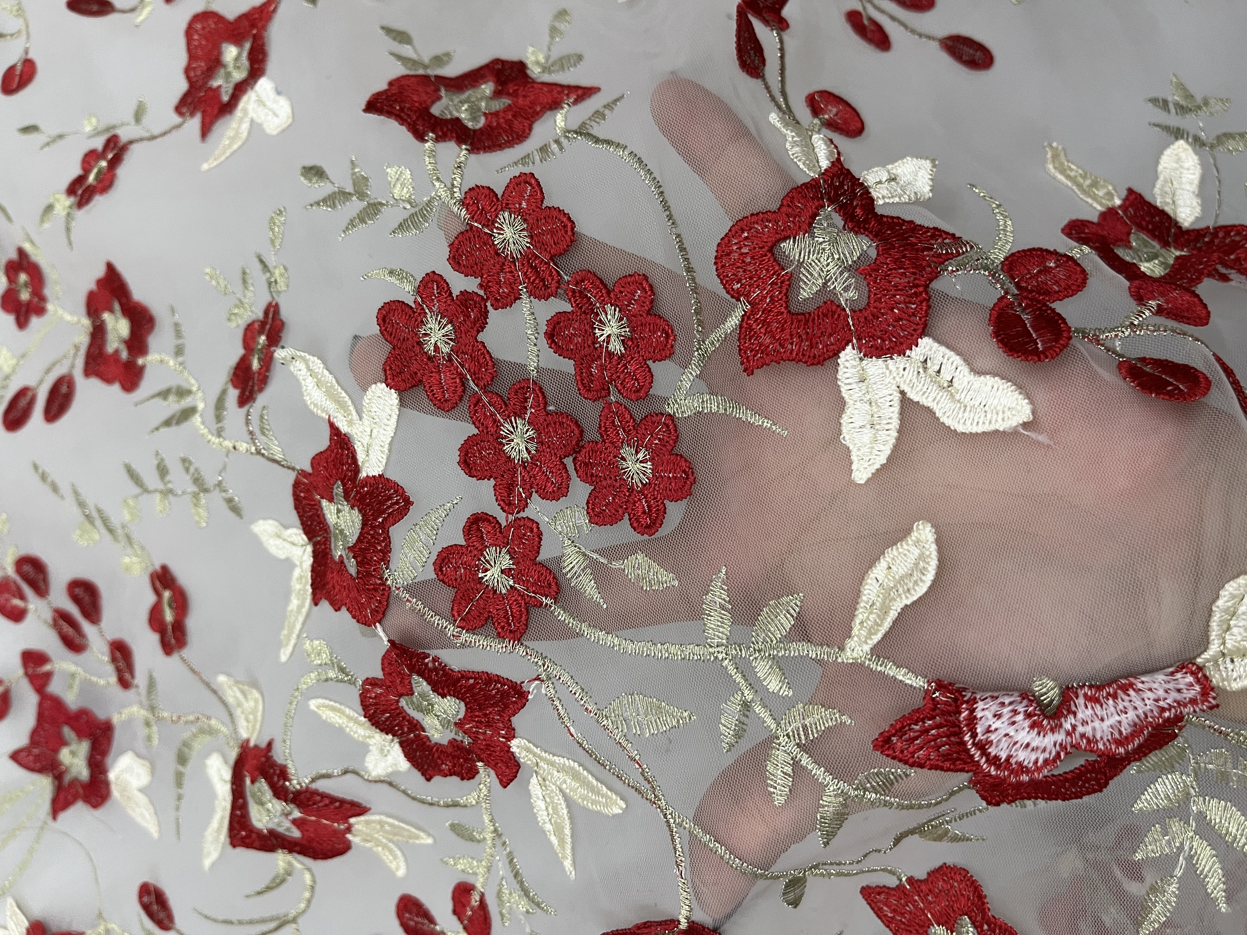 Vibrant Red Flower Pattern With Plain Embroidery HKC10187  embroidery fabric,fashion embroidery fabric,textile