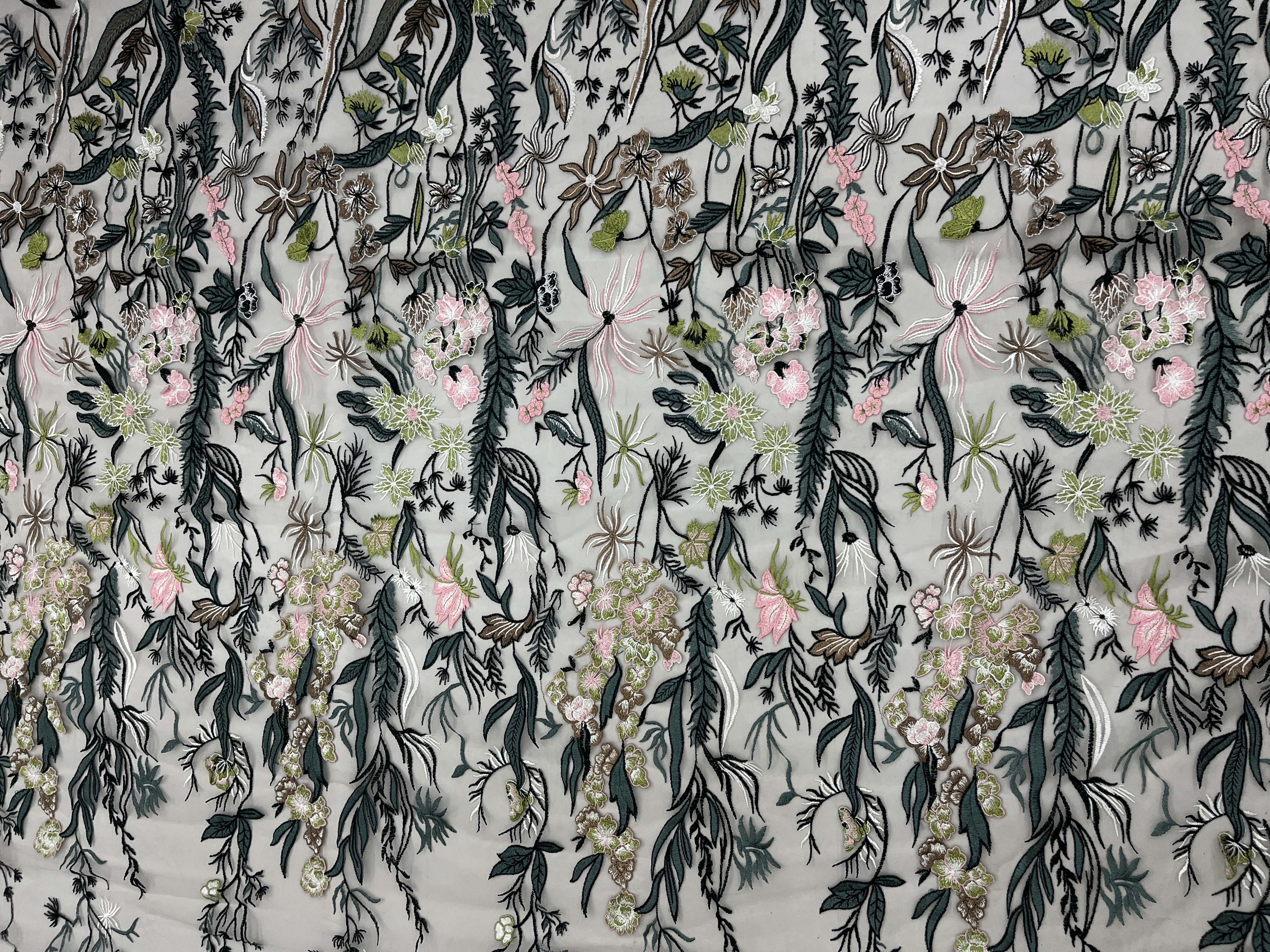 Steady Green Twig Pattern With Plain Embroidery HKC10189  embroidery fabric,fashion embroidery fabric,textile