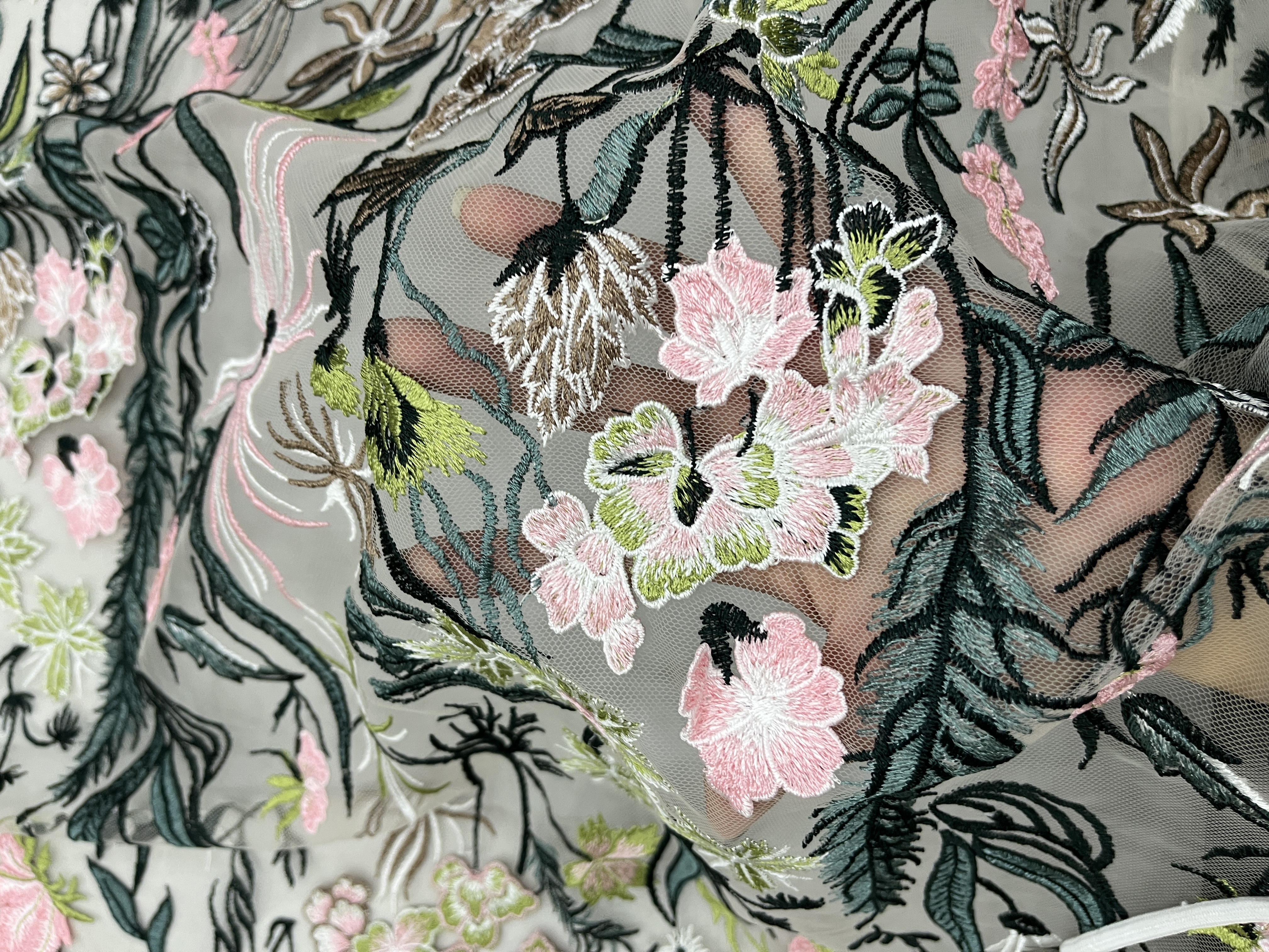 Steady Green Twig Pattern With Plain Embroidery HKC10189  embroidery fabric,fashion embroidery fabric,textile