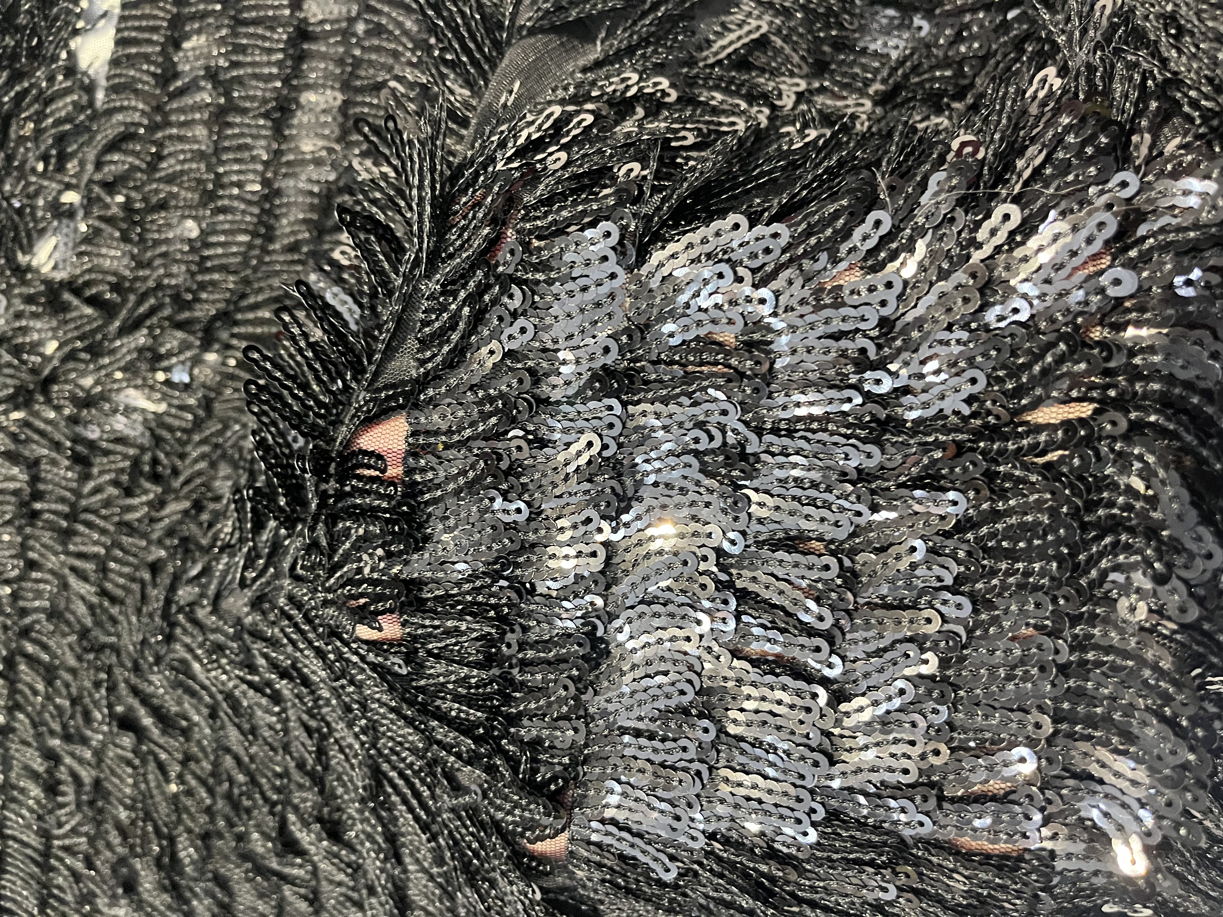 Black Sequins Embroidery With Fringe HKZ10112  sequins embroidery factory