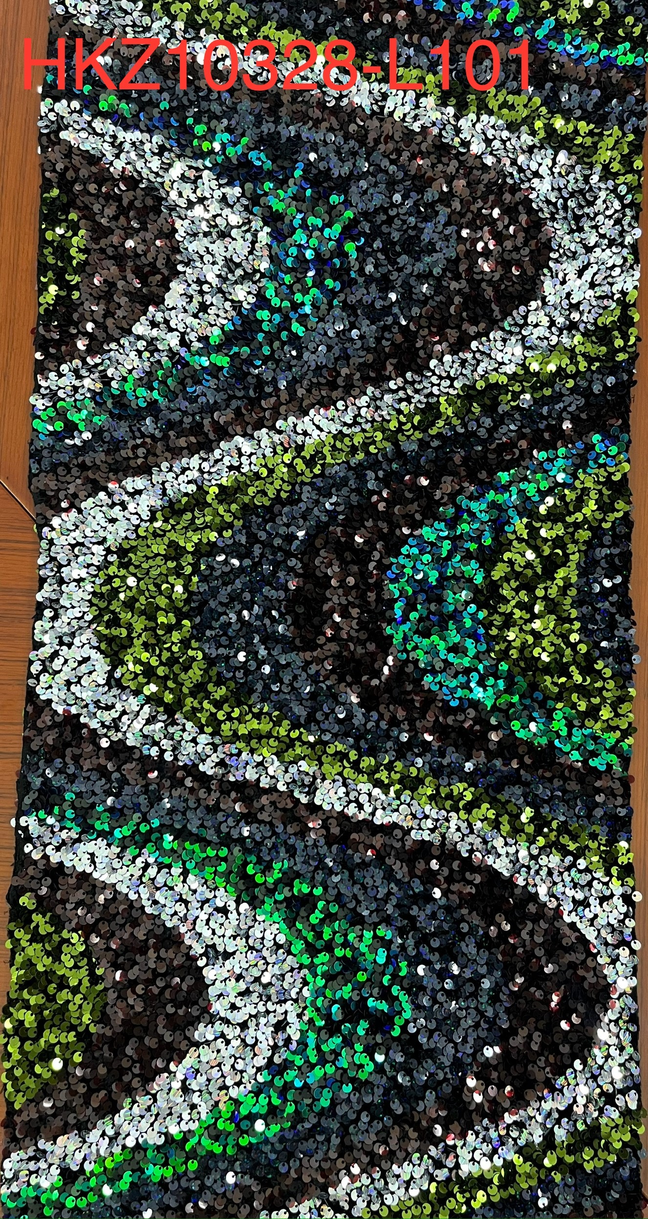 HKZ10328 Black Base Iridescent Green Wave Pattern Sequin Embroidery Fabric  sequins embroidery factory