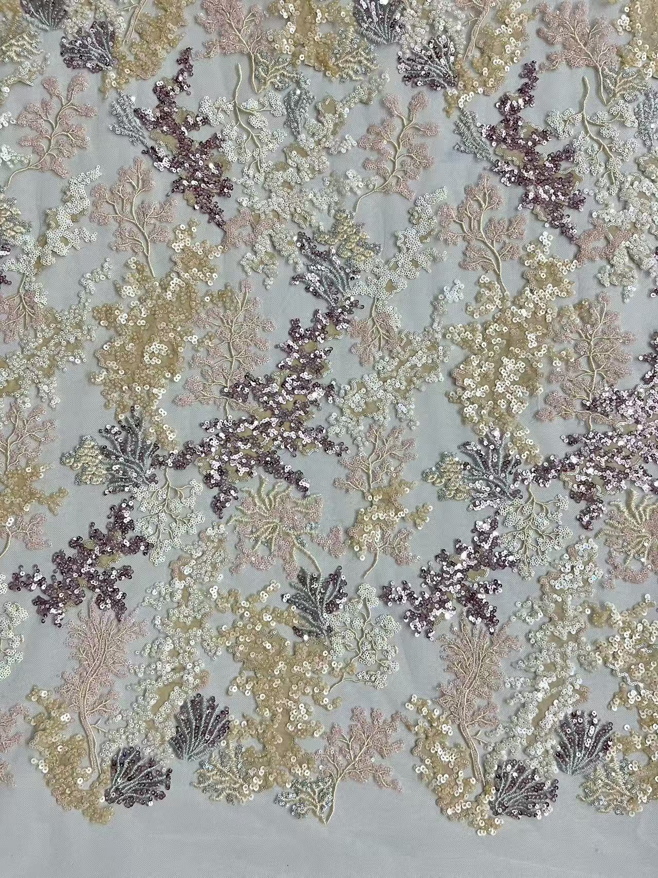  HKZ10381 Luxury Floral Sequin Embroidered Mesh Fabric Sparkly Flower Lace Fabric for Wedding Bridal Gown   sequins embroidery factory