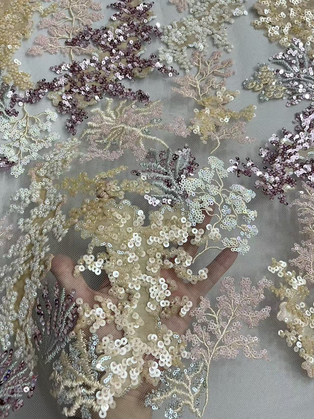  HKZ10381 Luxury Floral Sequin Embroidered Mesh Fabric Sparkly Flower Lace Fabric for Wedding Bridal Gown   sequins embroidery factory