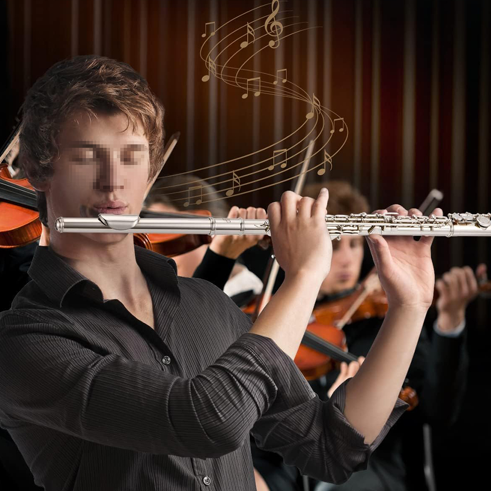 Western Concert Flute Cupronickel Plated Silver 16 Holes C Key Woodwind Instrument With Cleaning Cloth Stick Gloves Mini Screwdriver Padded Case