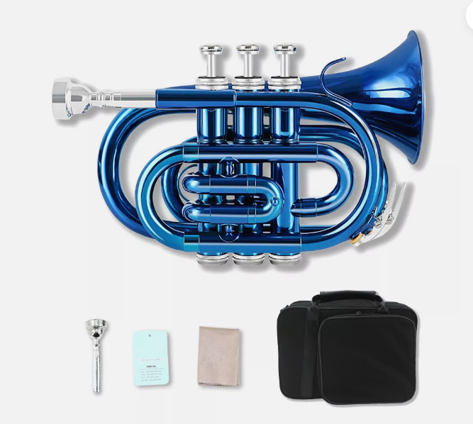 New Pocket Trumpet Brass Bb Key Blue Lacquer Trumpet with 7C Mouthpiece Hard Case Strap Yinfente Musical Instrument official website
