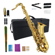 Vetimobato B Flat Tenor Saxophone Gold Brass Lacquer Student Bb Tenor Sax Kit for Adults Beginners Intermediate Players with Hard Case Mouthpiece Reeds Neck Strap Cleaning Set (Golden Tenor)
