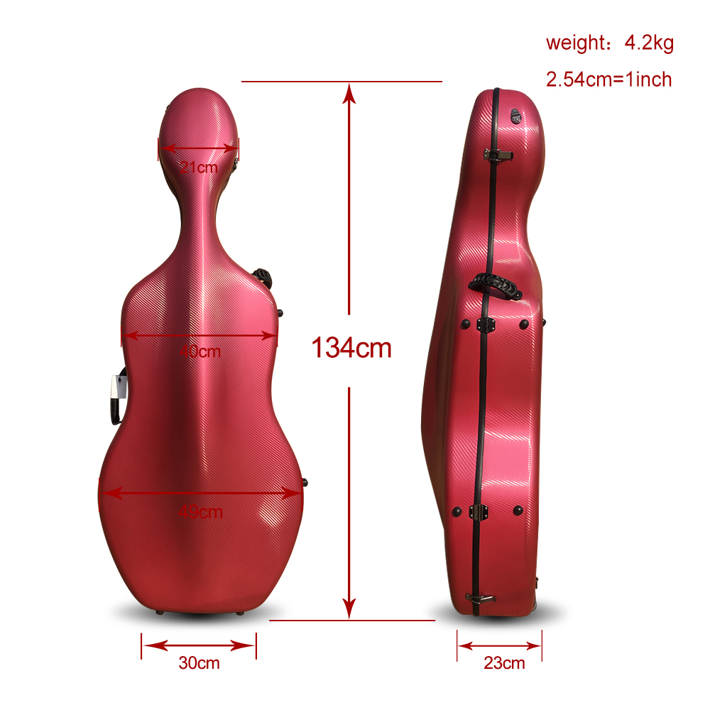 Full Size Cello Case Carbon Fiber Cello Box Dark Red Strong Light Strap Wheels Yinfente Cello Cases 3.7kg
