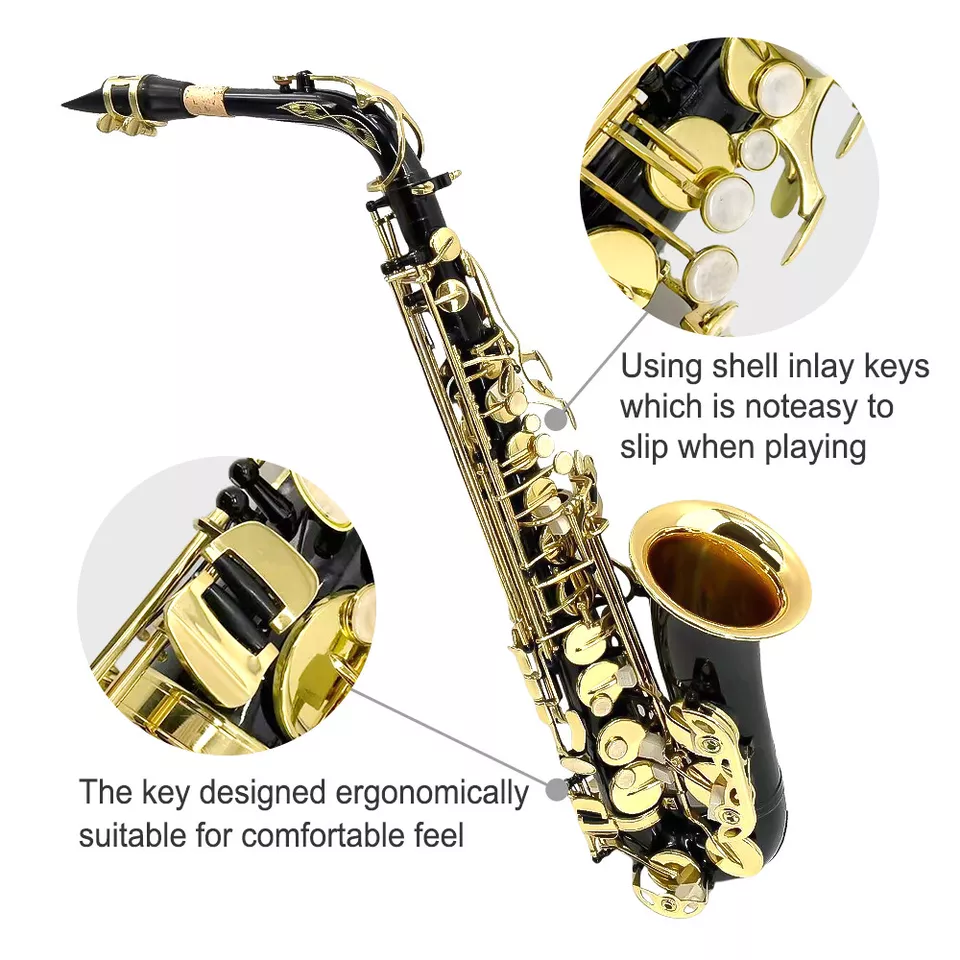 Yinfente Eb flat Alto Black-Gold Saxophone With 10 Reeds 8 Pads Cushions Hard Case and More For Student Beginner Adult Alto Saxophone Saxophone Kit Holiday gift (Glod)  