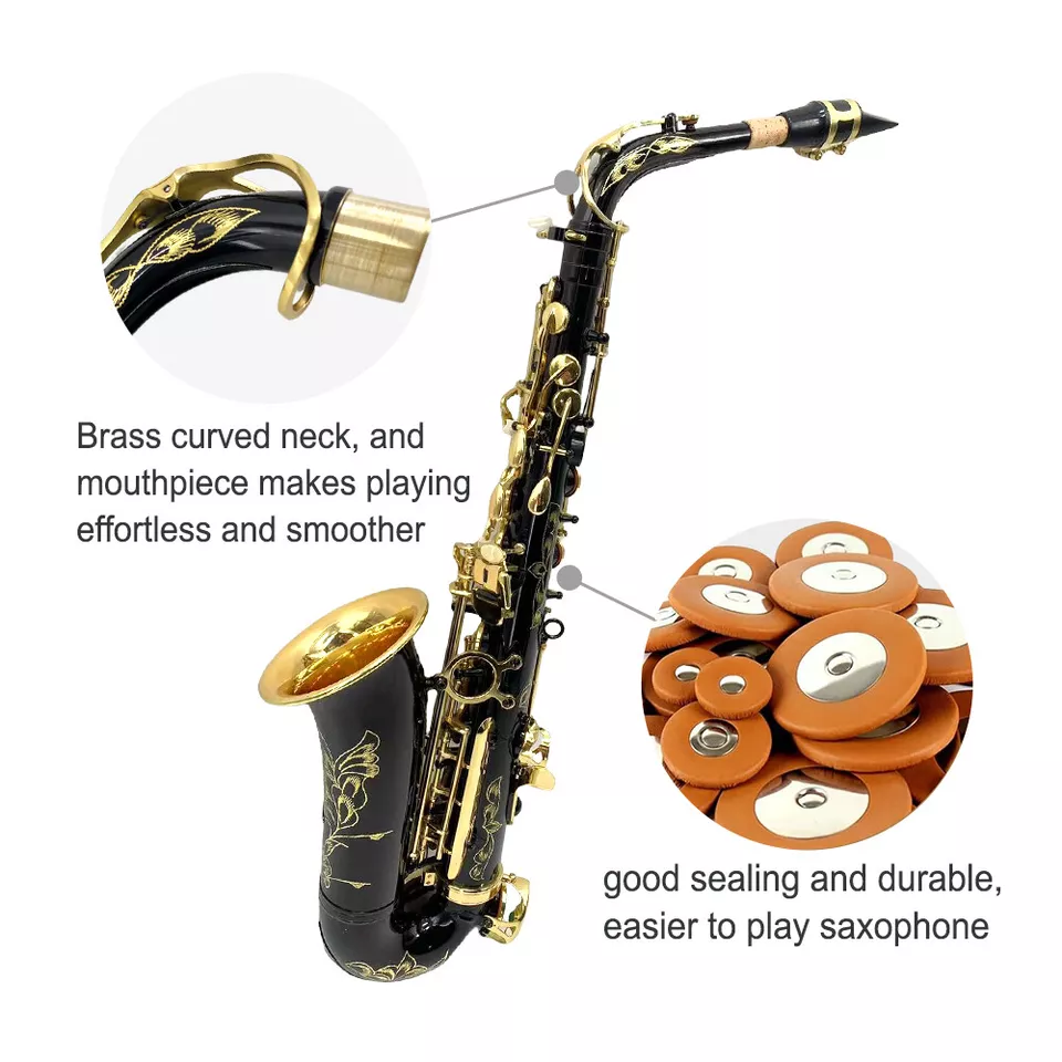 Yinfente Eb flat Alto Black-Gold Saxophone With 10 Reeds 8 Pads Cushions Hard Case and More For Student Beginner Adult Alto Saxophone Saxophone Kit Holiday gift (Glod)  