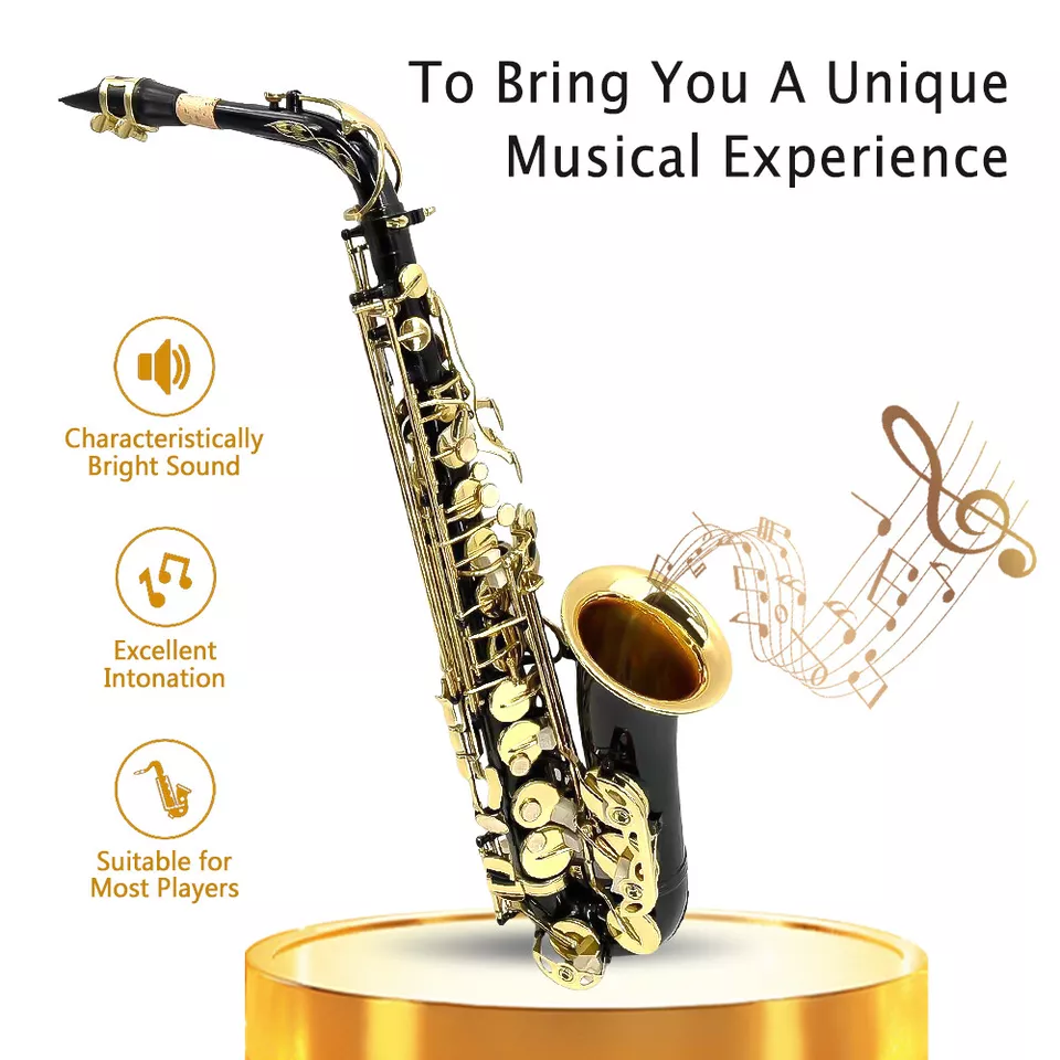 Yinfente Eb flat Alto Black-Gold Saxophone With 10 Reeds 8 Pads Cushions Hard Case and More For Student Beginner Adult Alto Saxophone Saxophone Kit Holiday gift (Glod)  
