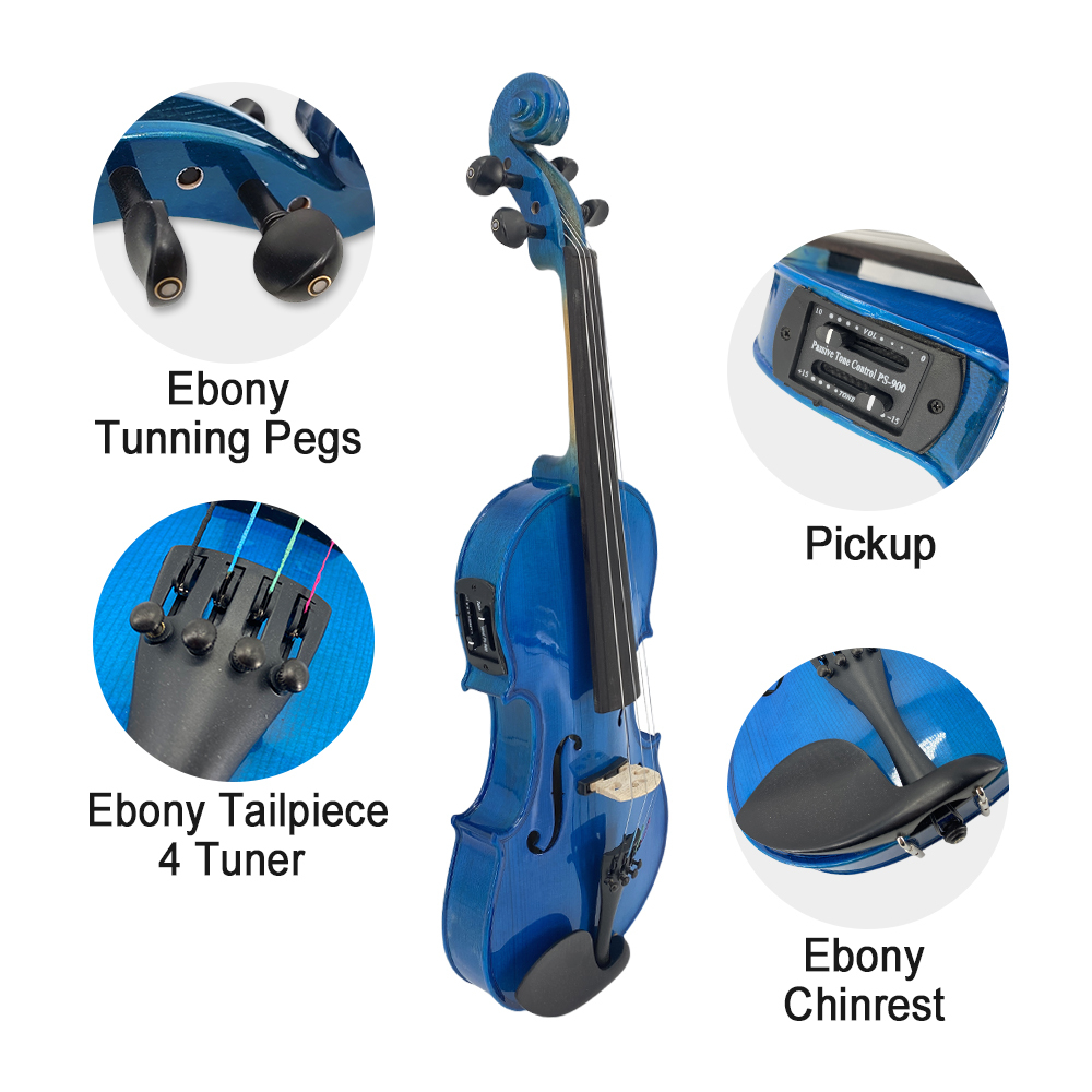 Yinfente Advanced Electric Acoustic Violin Color Blue 4/4 Maple Spruce Nice Tone Ebony Parts  
