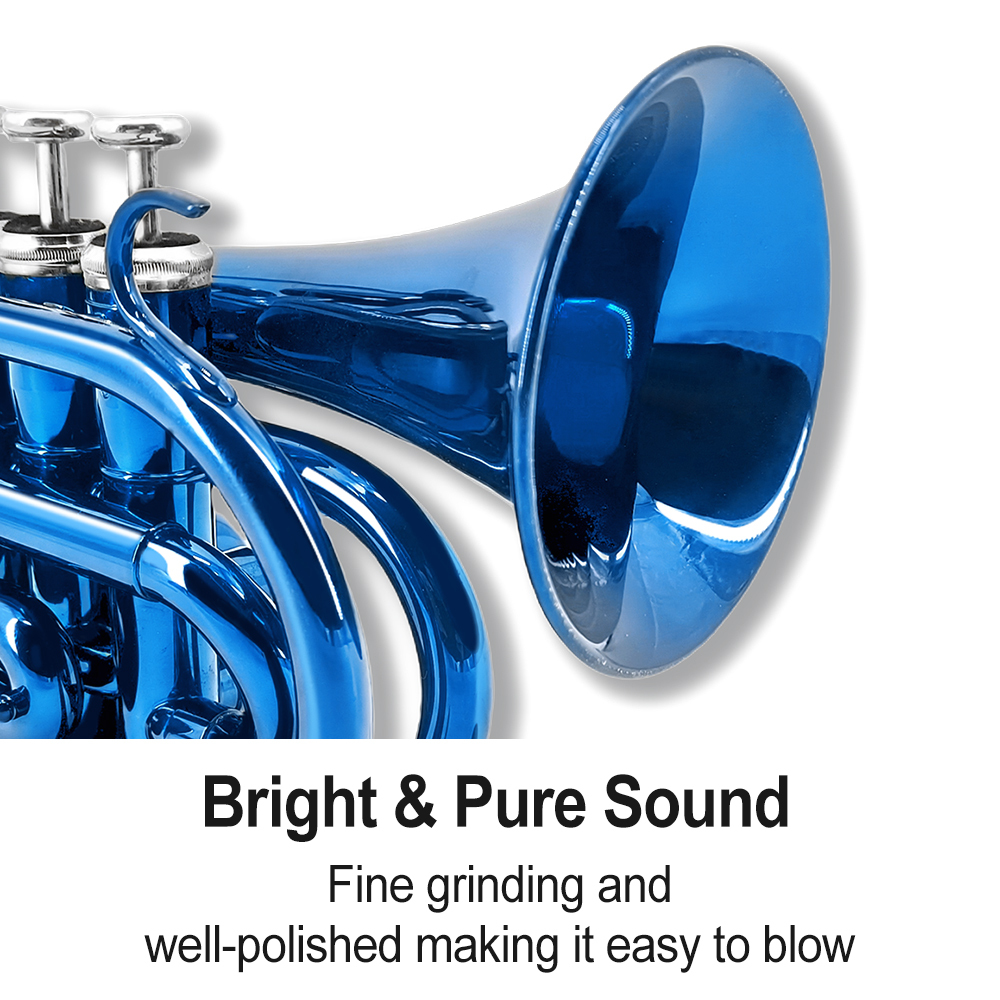 Yinfente Bb Flat Pocket Trumpet Blue Bass Trumpet For Beginner Student With Cleaning cloth Silver plated hard case White gloves
