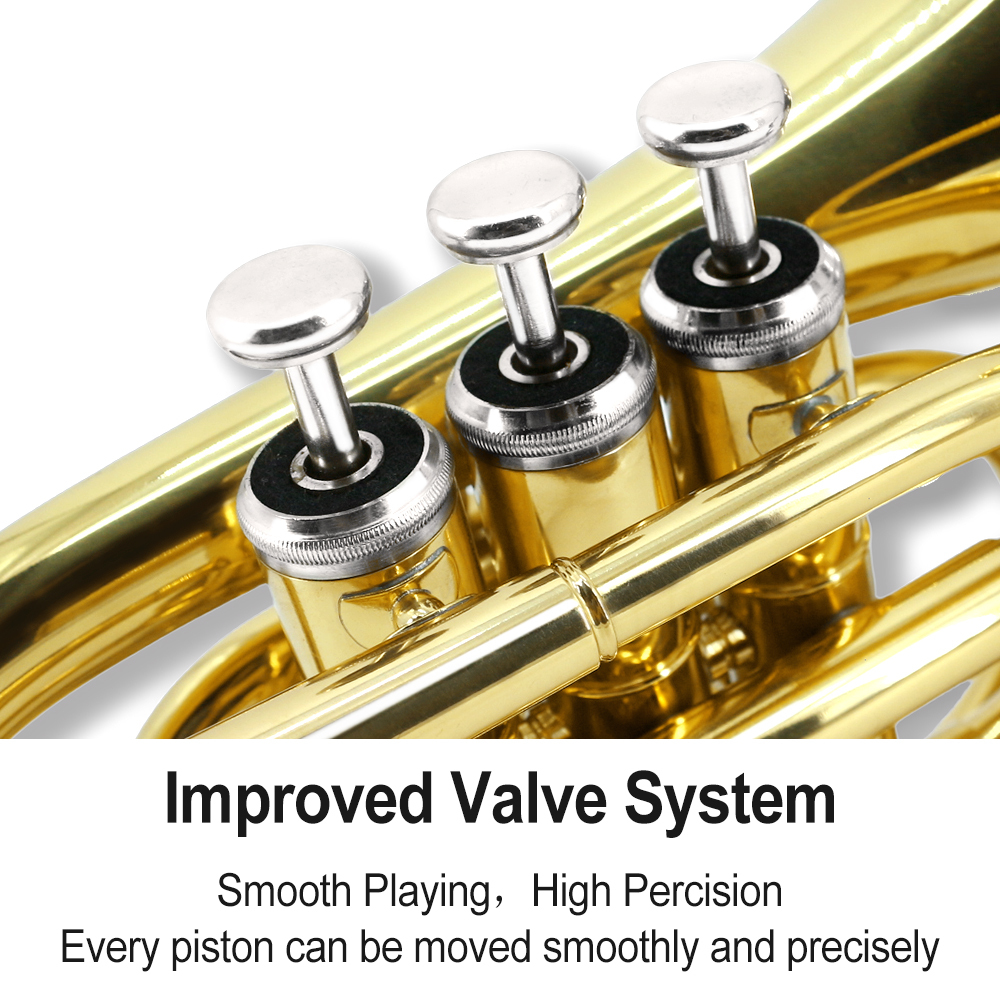 Yinfente Bb Flat Pocket Trumpet Gold Bass Trumpet For Beginner Student With Cleaning cloth Silver plated mouthpiece hard case gloves