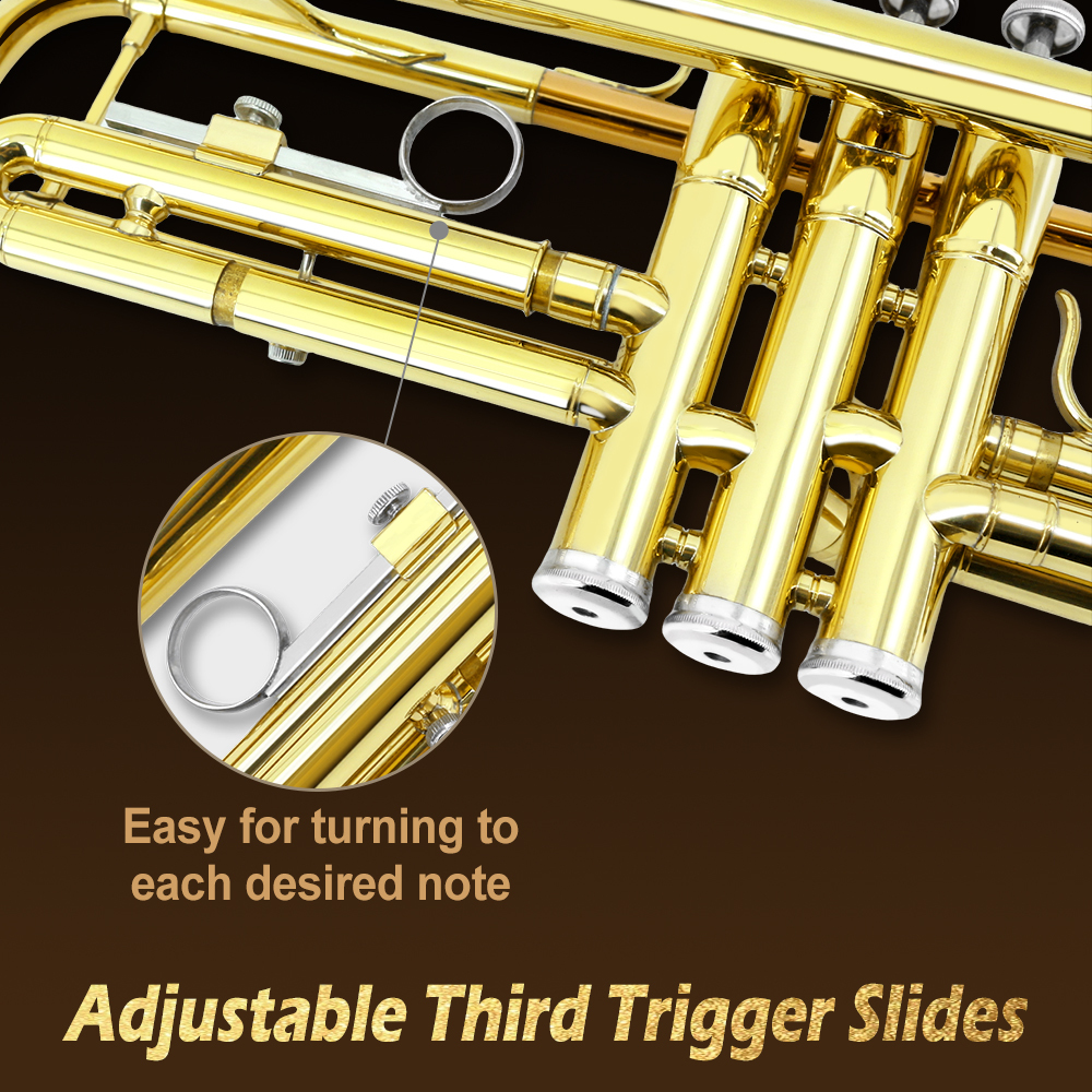 Yinfente Bb Standard Trumpet Set for Beginner Brass Student Trumpet Instrument With Hard Case Cleaning Kit White Gloves Glod  