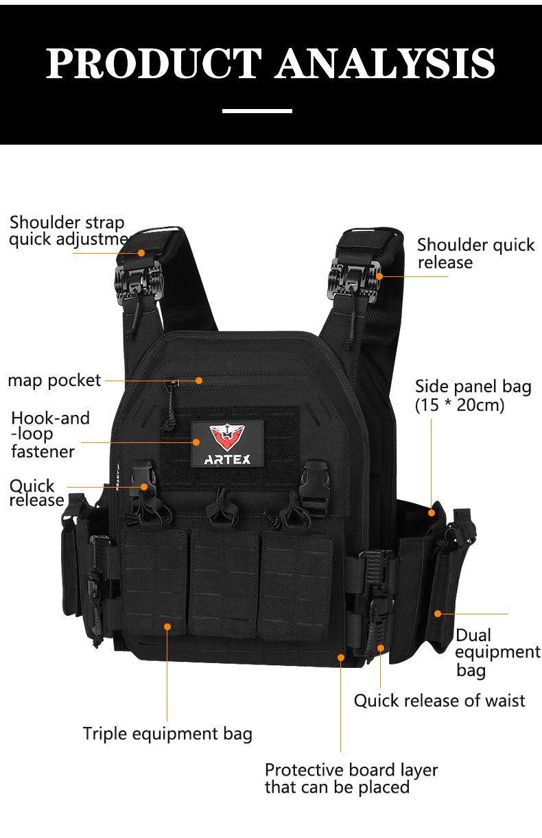 Quick Release Plate Carrier Tactical Vest Military Grade MOLLE Combat Gear Chaleco Tactico Bandolier Laser Cut Vest Artex 