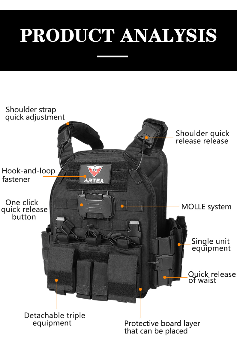 Custom wholesale Artex Magnetic Tactical Vest for Men Plate Carrier Vest Quick Release One Button Disassembly Lightweight Vest 