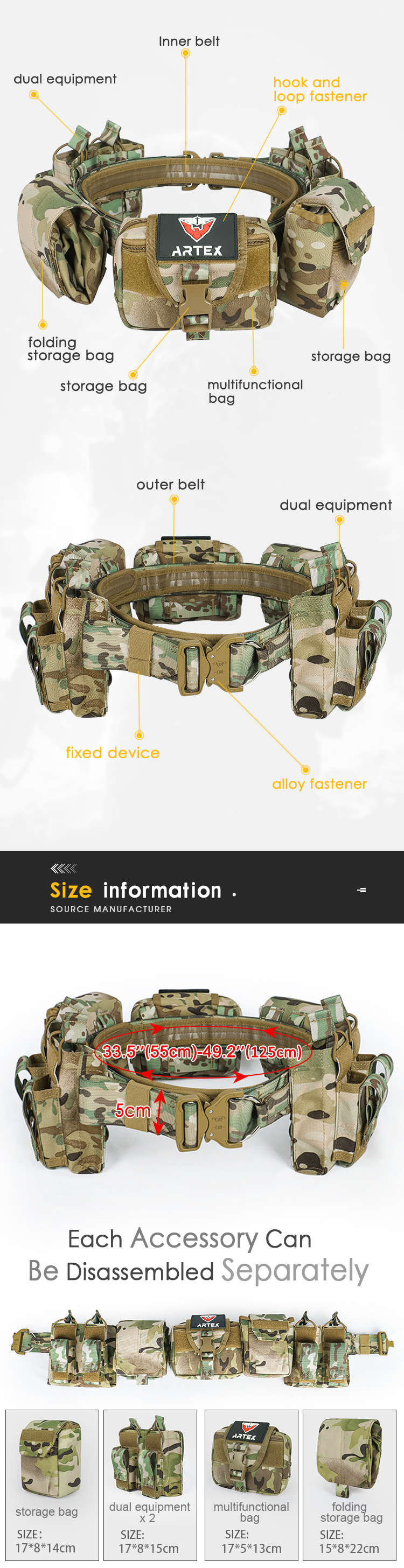 Artex Molle Tactical Battle Belt with Accessories Tactical Combat Belt Quick Release Rigger Airsoft Belt Heavy Duty Belts 7 pcs