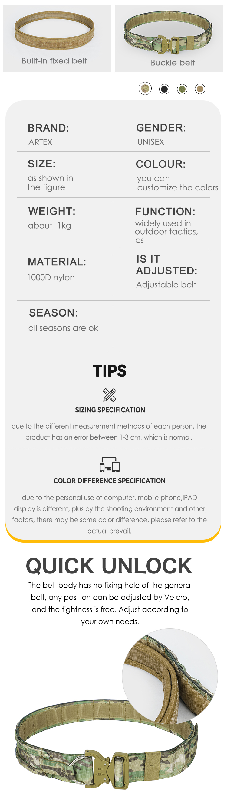 Artex Molle Tactical Battle Belt with Accessories Tactical Combat Belt Quick Release Rigger Airsoft Belt Heavy Duty Belts 7 pcs