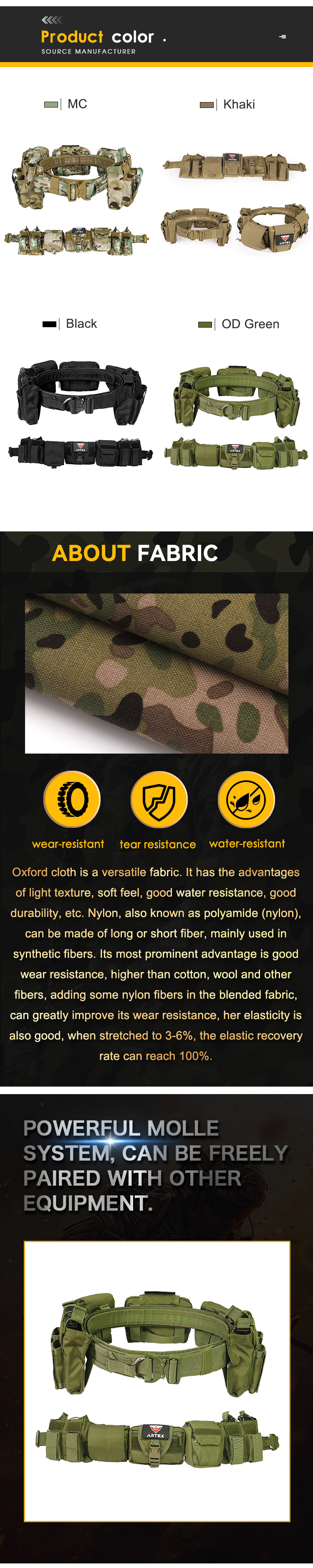 Artex Molle Tactical Battle Belt with Accessories Tactical Combat Belt Quick Release Rigger Airsoft Belt Heavy Duty Belts 7 pcs