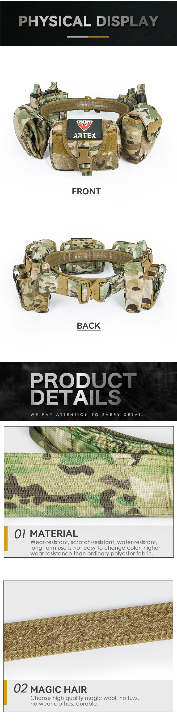 Artex Molle Tactical Battle Belt with Accessories Tactical Combat Belt Quick Release Rigger Airsoft Belt Heavy Duty Belts 7 pcs