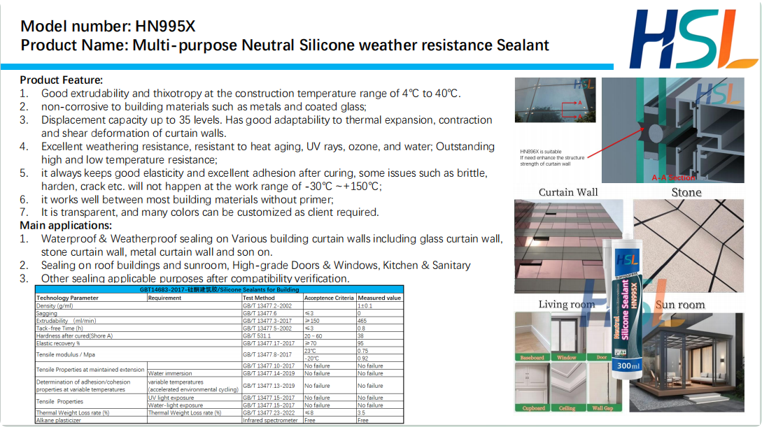 HN995X ：Multi-purpose Neutral Silicone  Structural Sealant  