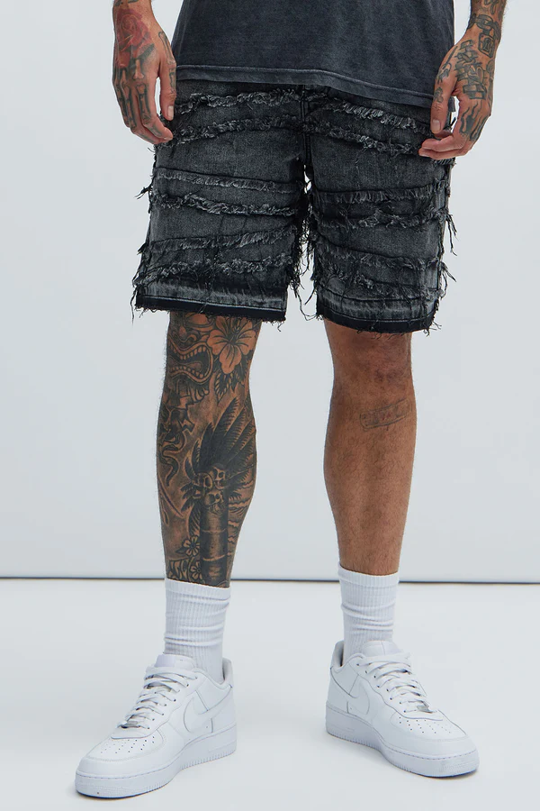 custom Washed Black Denim shorts/clothing factory china Fame Denim Custom Black Denim Shorts - Men's Destroy Wash Style custom denim shorts,denim shorts,black denim shorts,mens denim shorts,denim manufacturers